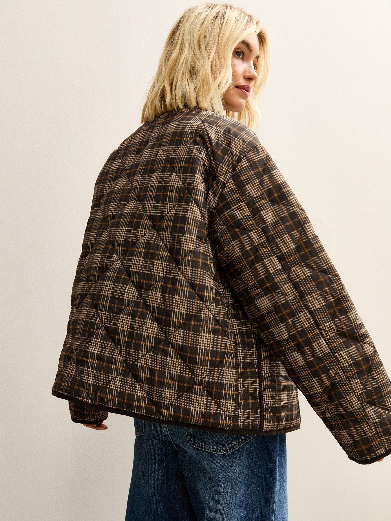  image of new-look-checked-contrast-trim-quilted-barn-jacket-brown