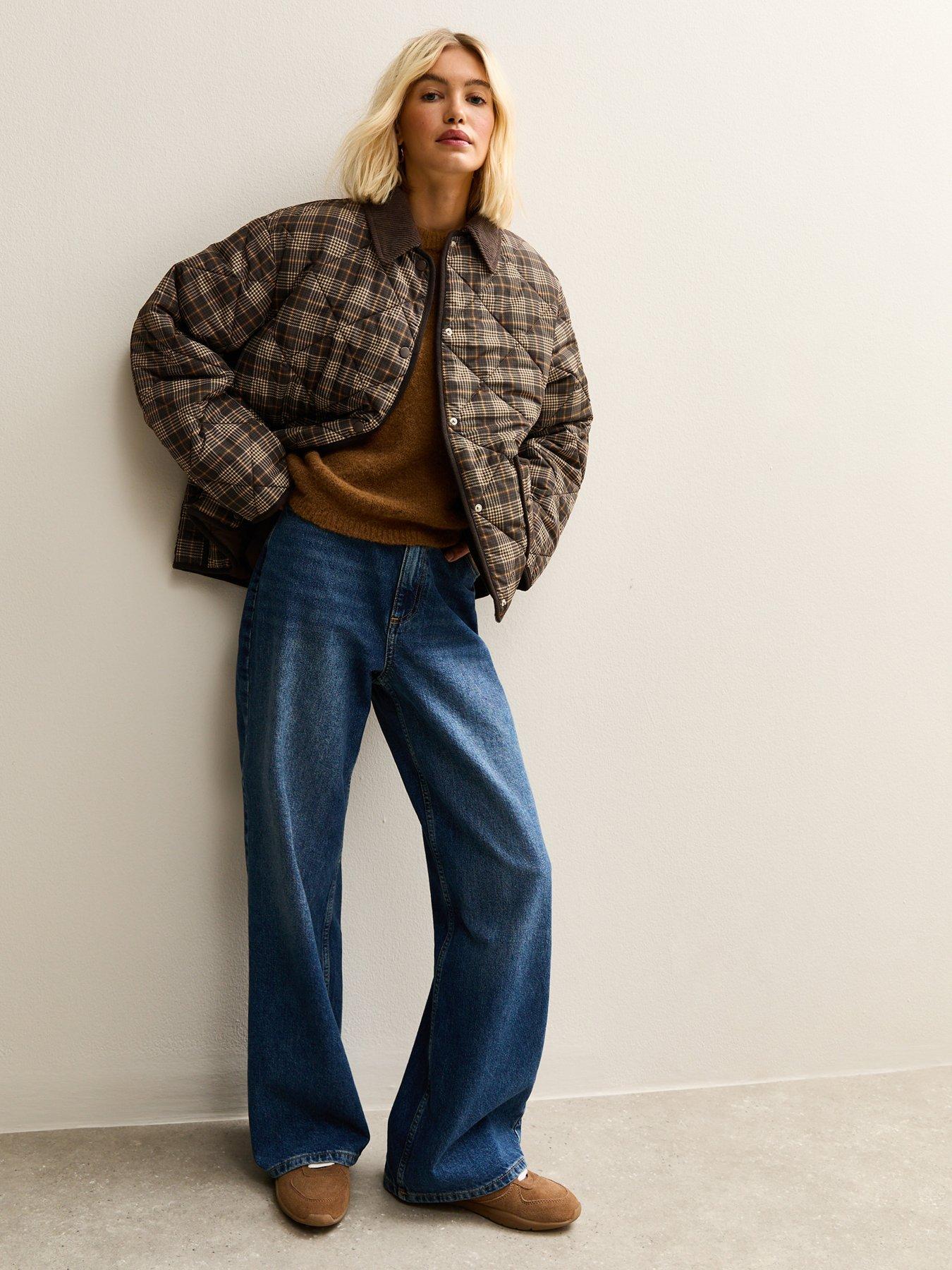  image of new-look-checked-contrast-trim-quilted-barn-jacket-brown