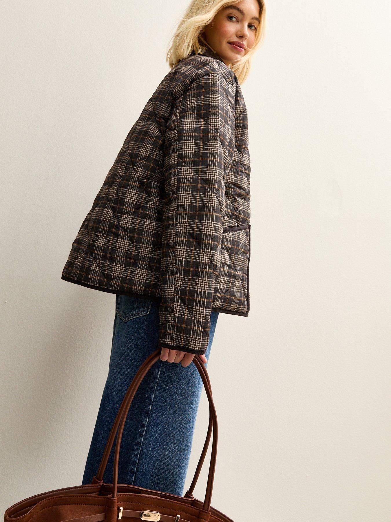  image of new-look-checked-contrast-trim-quilted-barn-jacket-brown