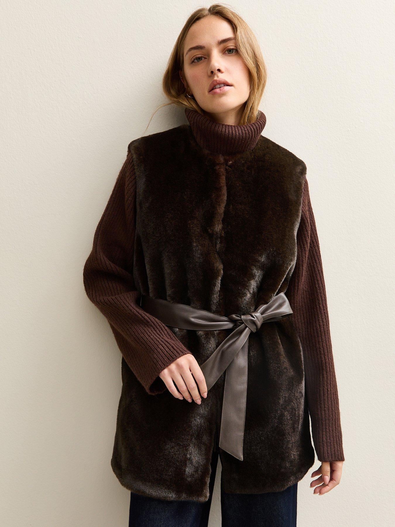 front image of new-look-faux-fur-belted-gilet-dark-brown