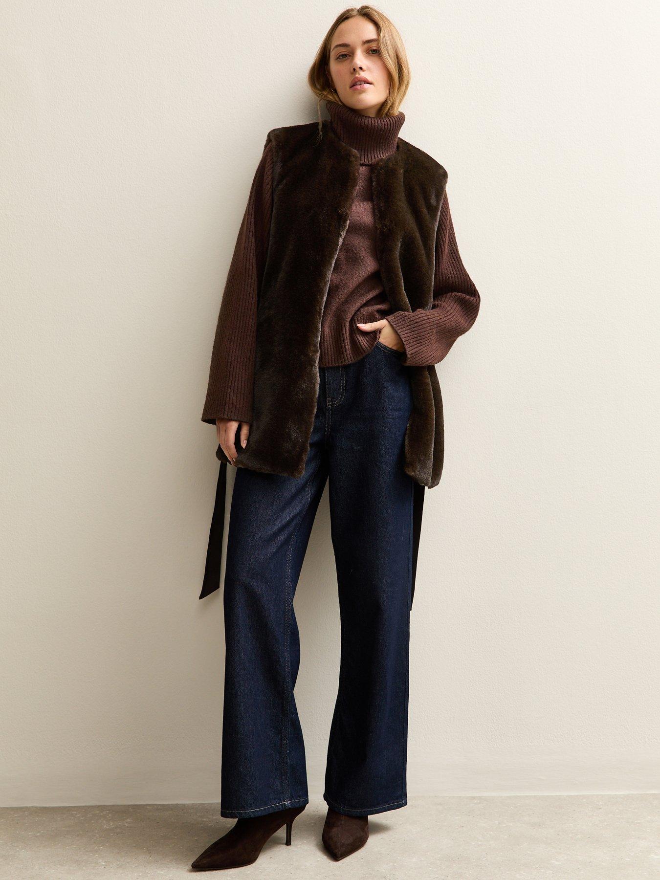  image of new-look-faux-fur-belted-gilet-dark-brown