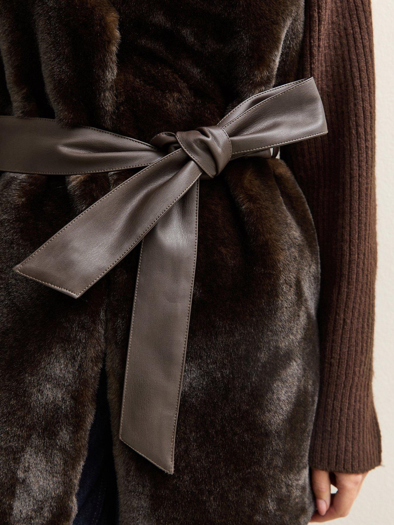  image of new-look-faux-fur-belted-gilet-dark-brown