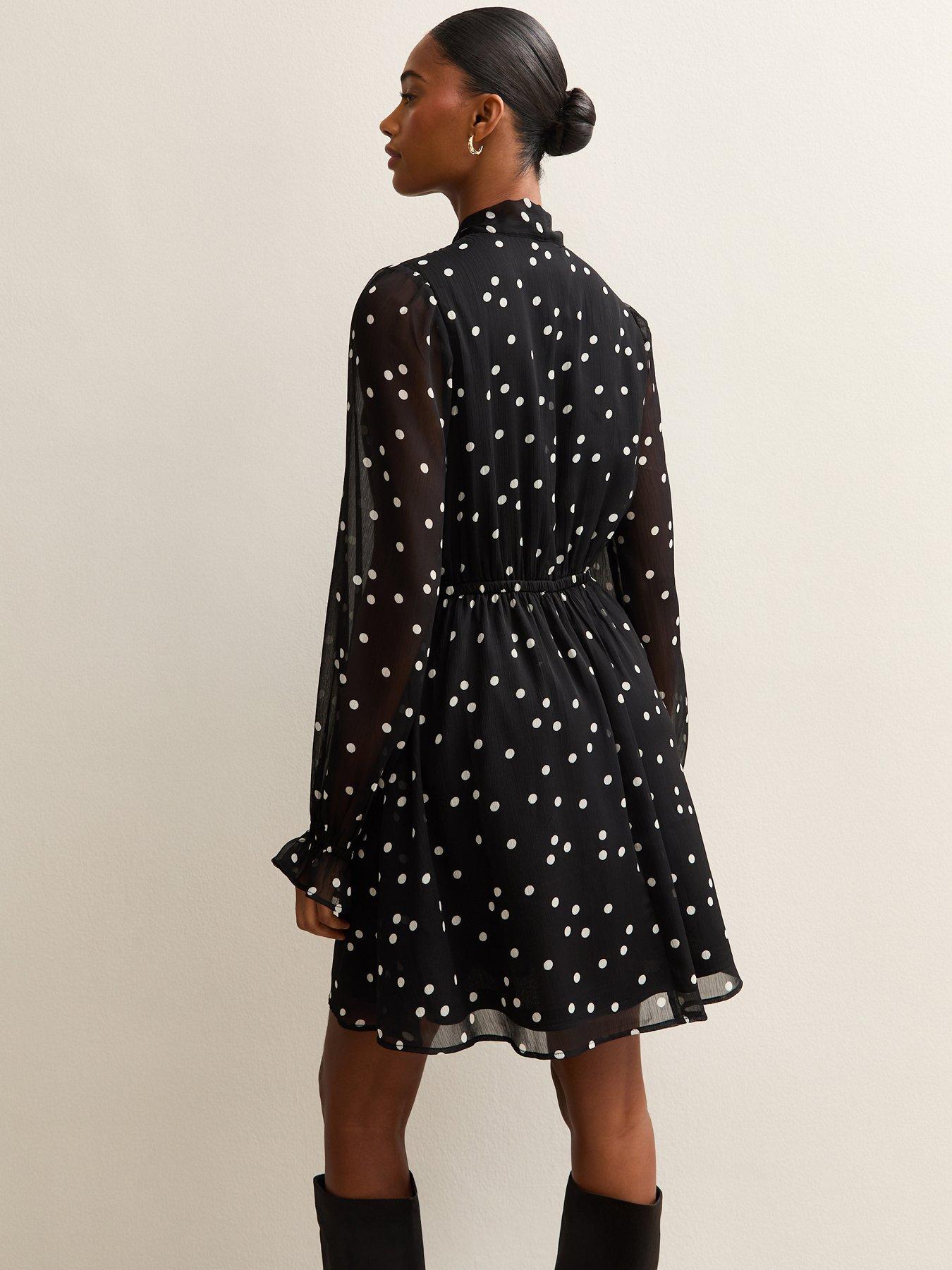 Image 2 of 5 of New Look Black Polka Dot Pussybow Mini Dress