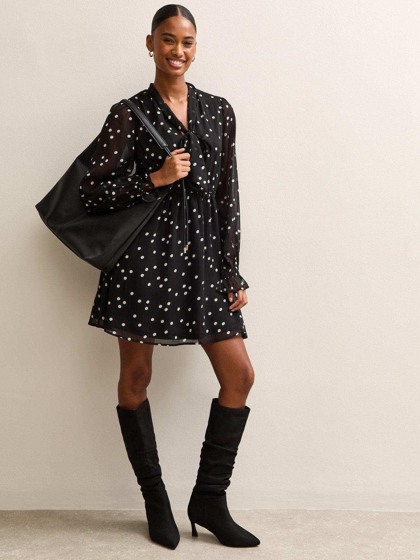 Image 3 of 5 of New Look Black Polka Dot Pussybow Mini Dress