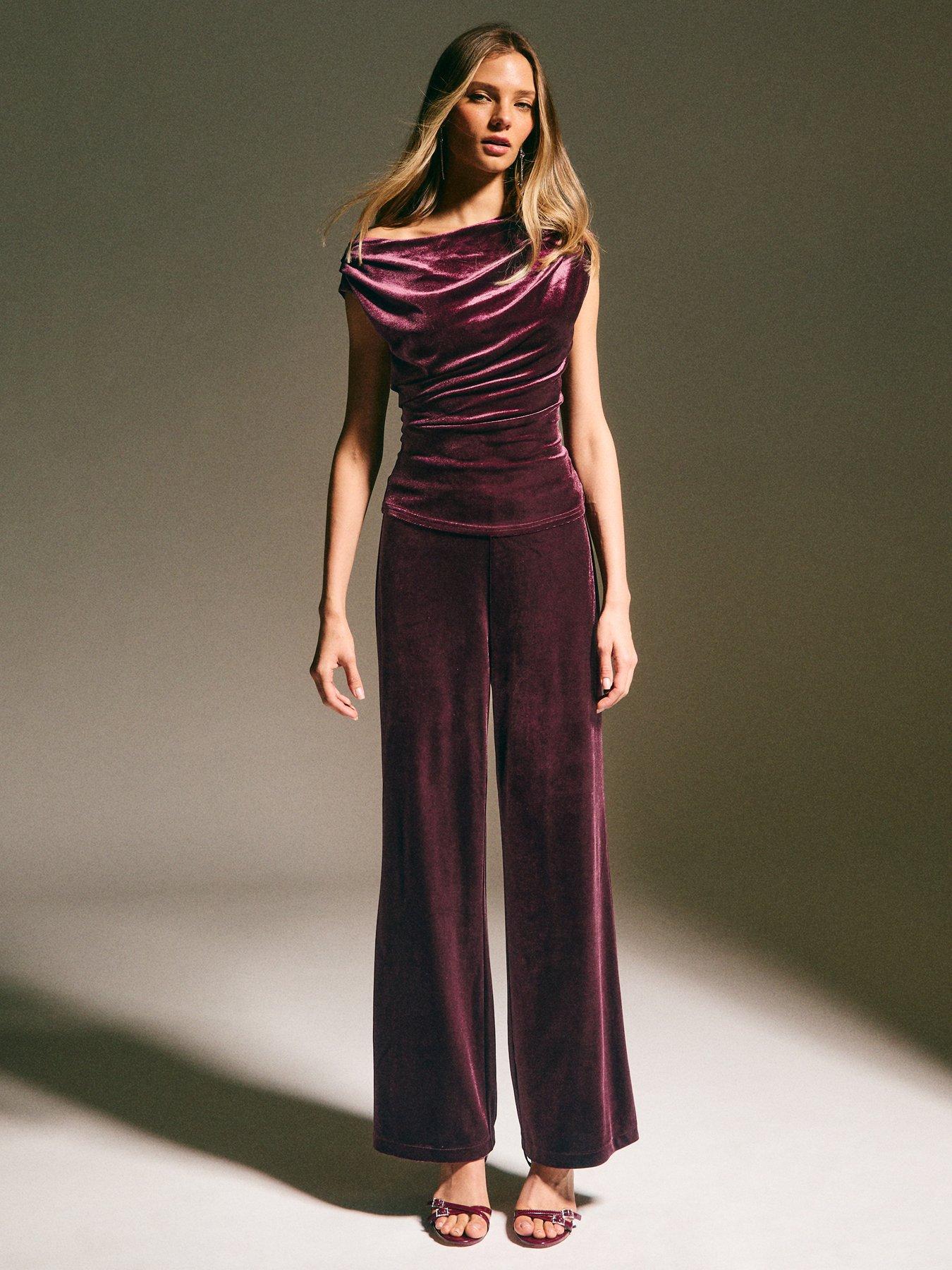 Image 1 of 5 of New Look Velvet Off The Shoulder Ruched Top - Burgundy