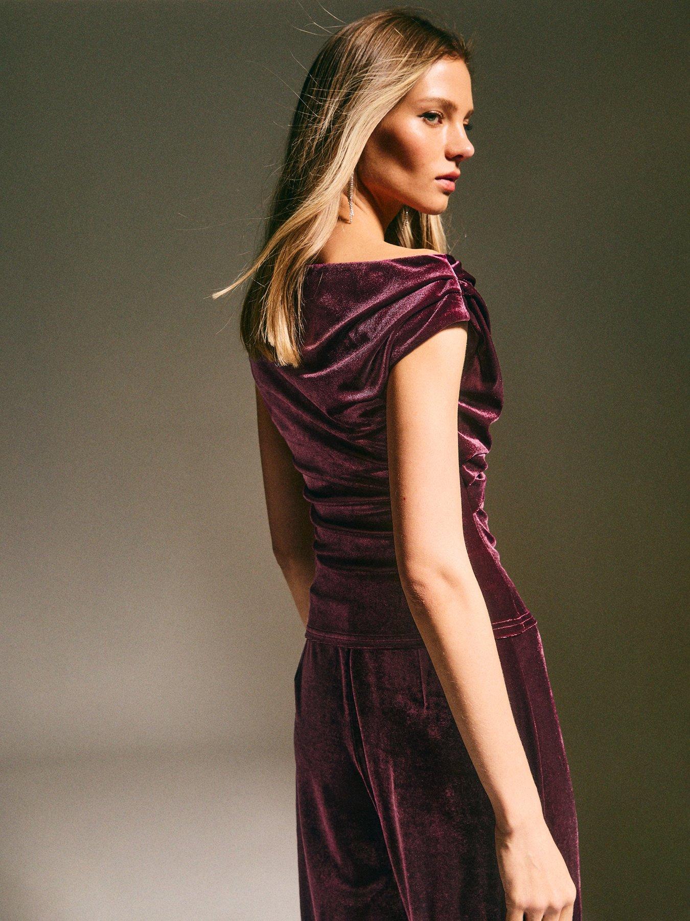 Image 2 of 5 of New Look Velvet Off The Shoulder Ruched Top - Burgundy