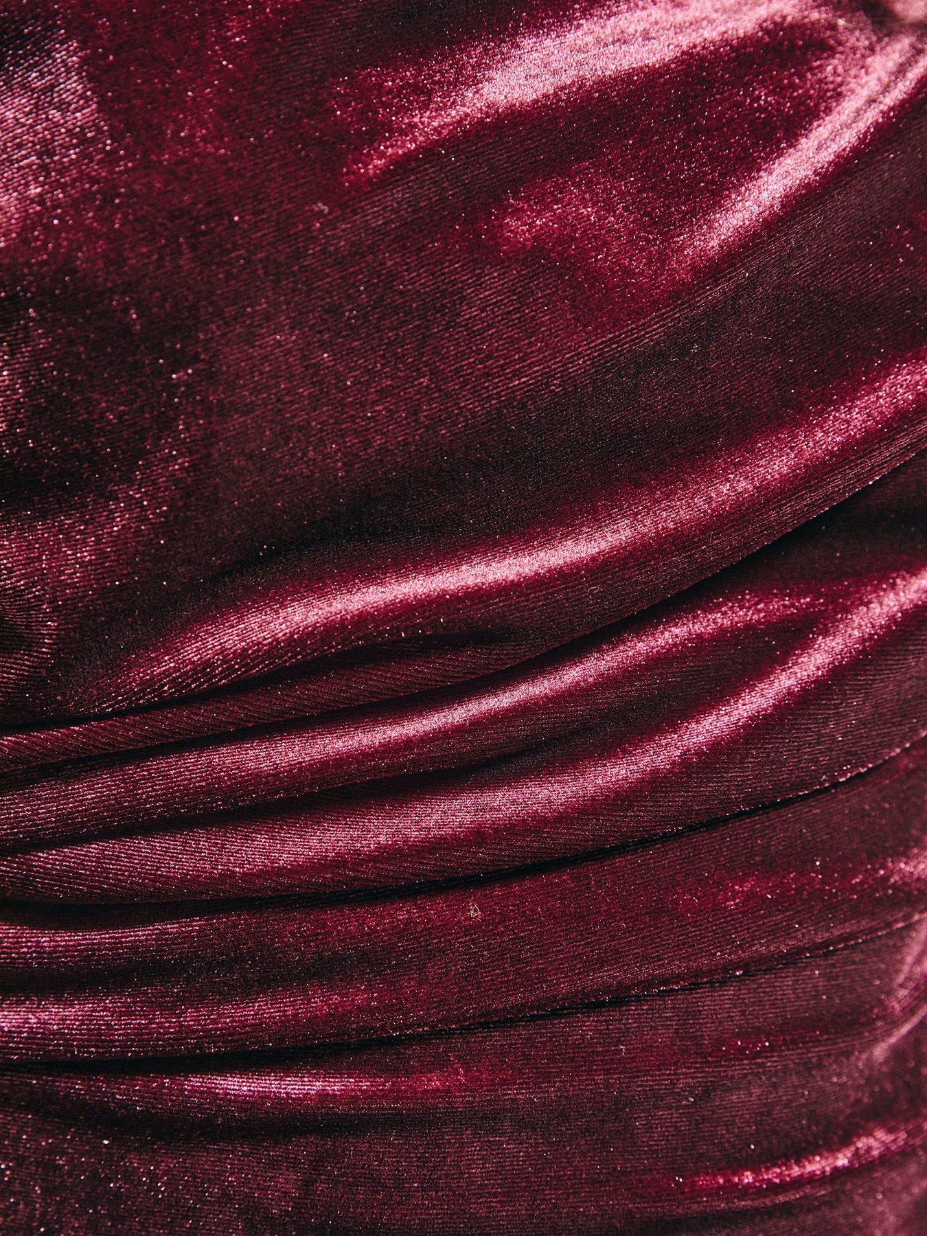 Image 5 of 5 of New Look Velvet Off The Shoulder Ruched Top - Burgundy