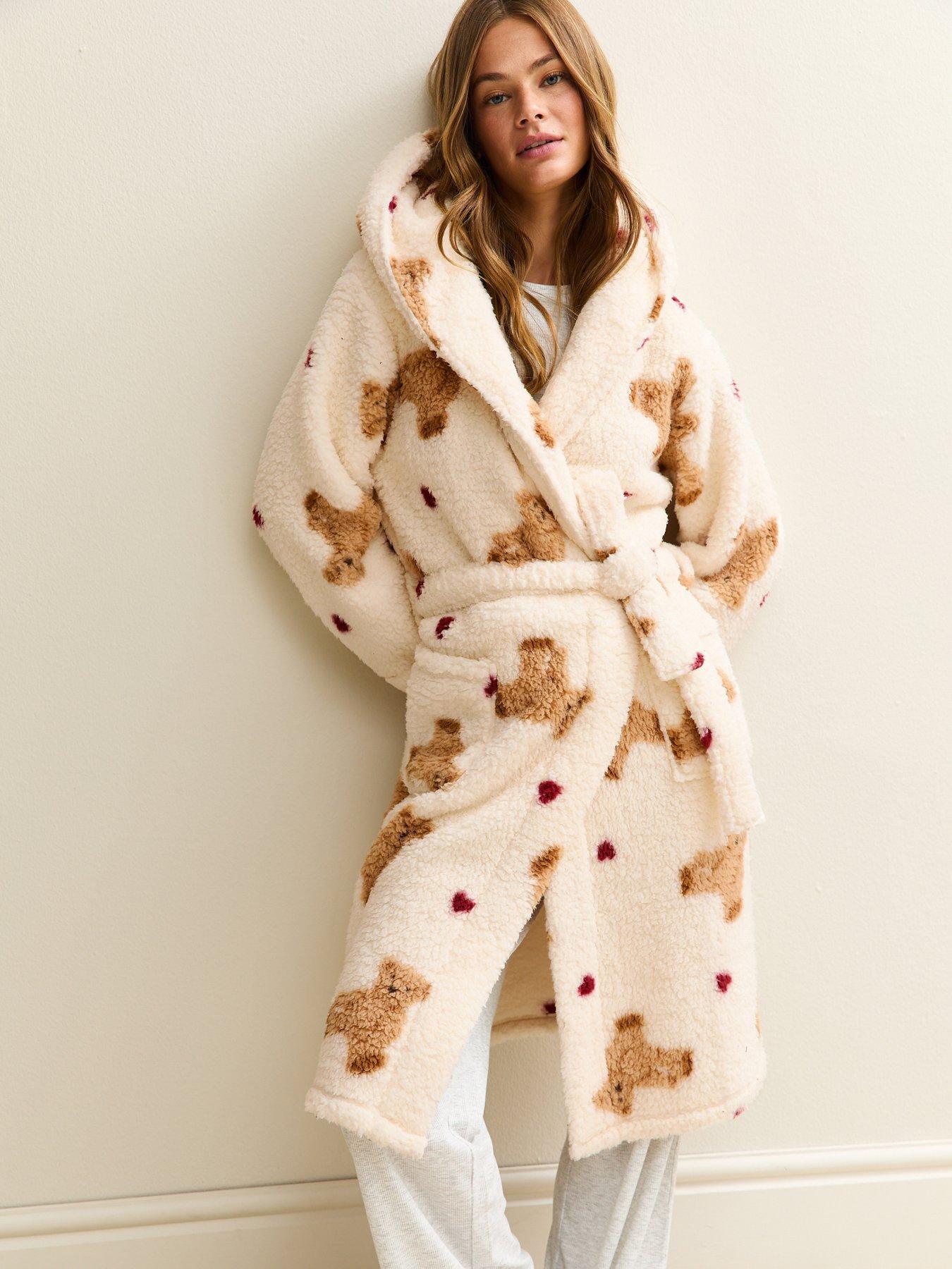 New Look Cream Teddy Print Fleece Robe