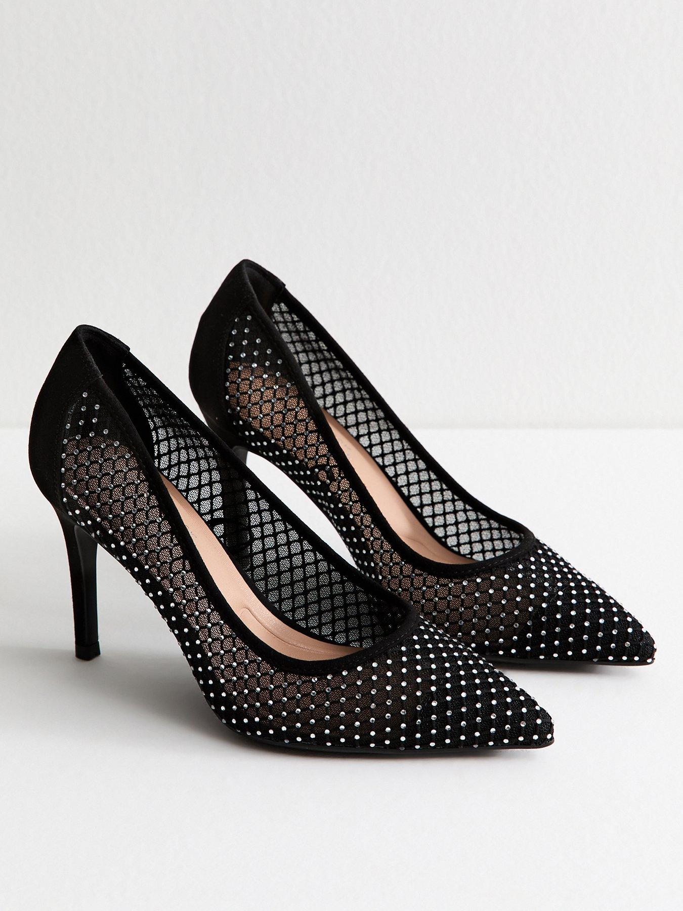  image of new-look-wide-fit-black-diamante-heel-court-shoes-black