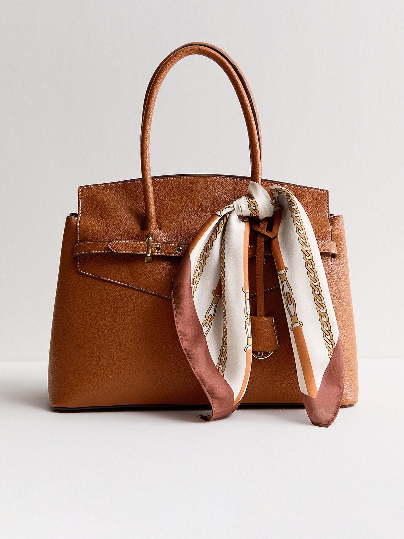 Image 1 of 5 of New Look Brown Faux Leather Belted Scarf Trim Tote Bag - Beige