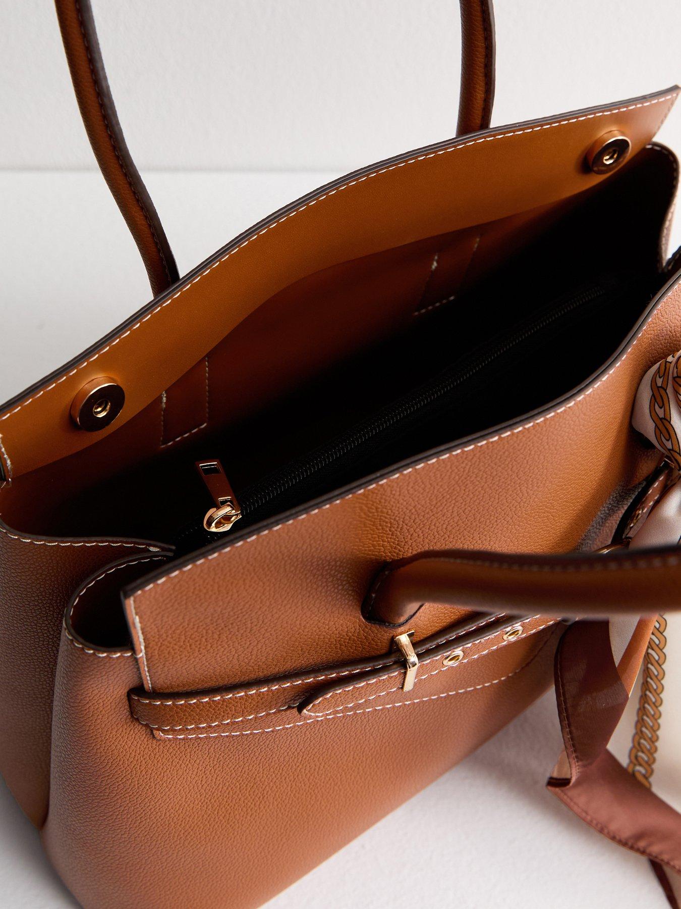 Image 4 of 5 of New Look Brown Faux Leather Belted Scarf Trim Tote Bag - Beige