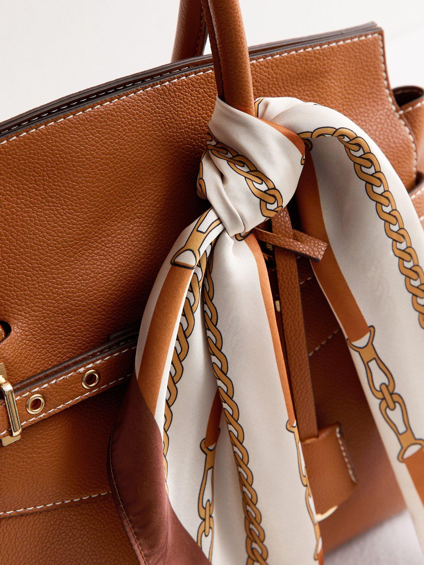 Image 5 of 5 of New Look Brown Faux Leather Belted Scarf Trim Tote Bag - Beige