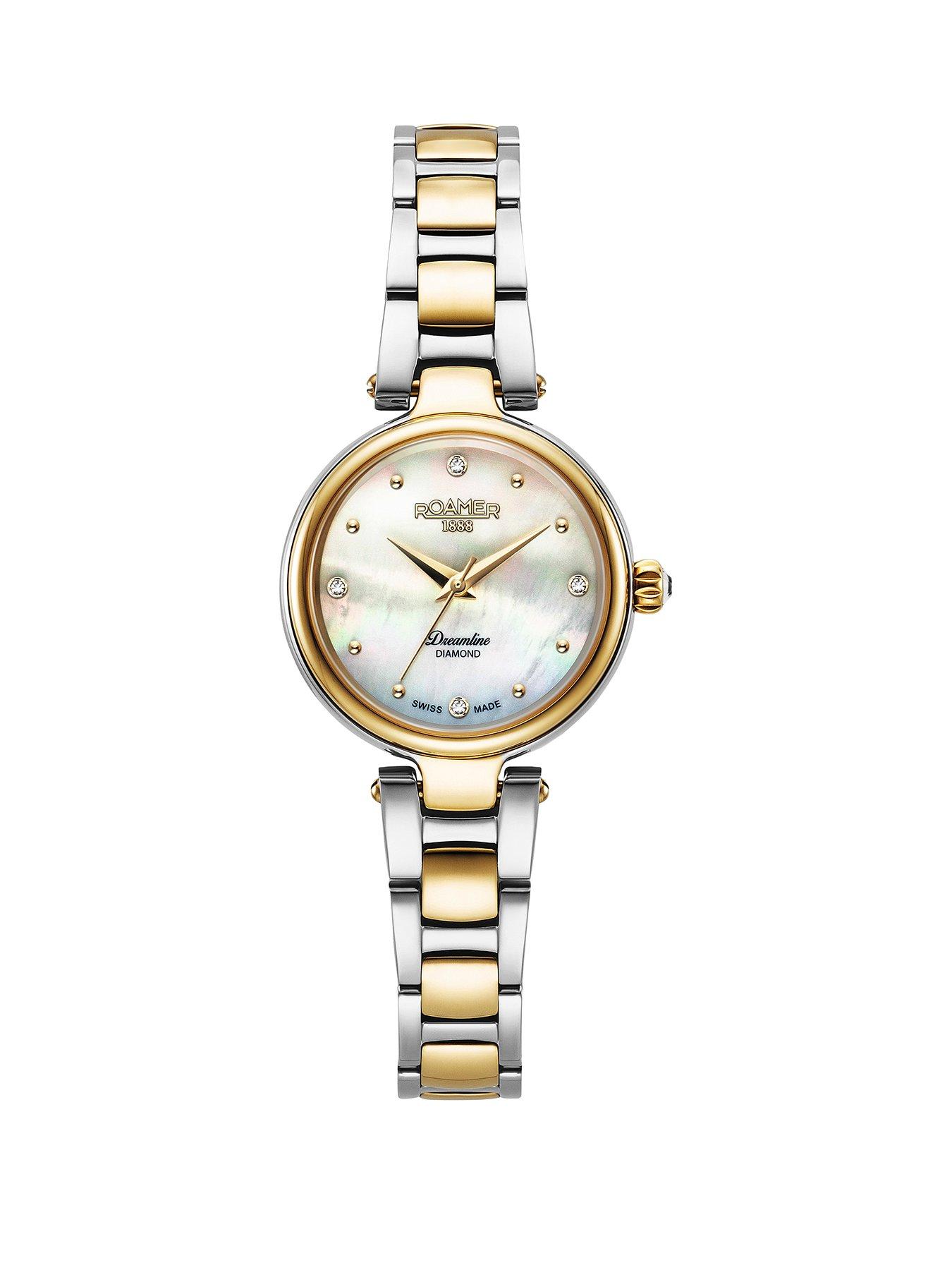  image of roamer-of-switzerland-dreamline-diamond-white-mop-dial-gold-ip-bicolour-stainless-steel-watch