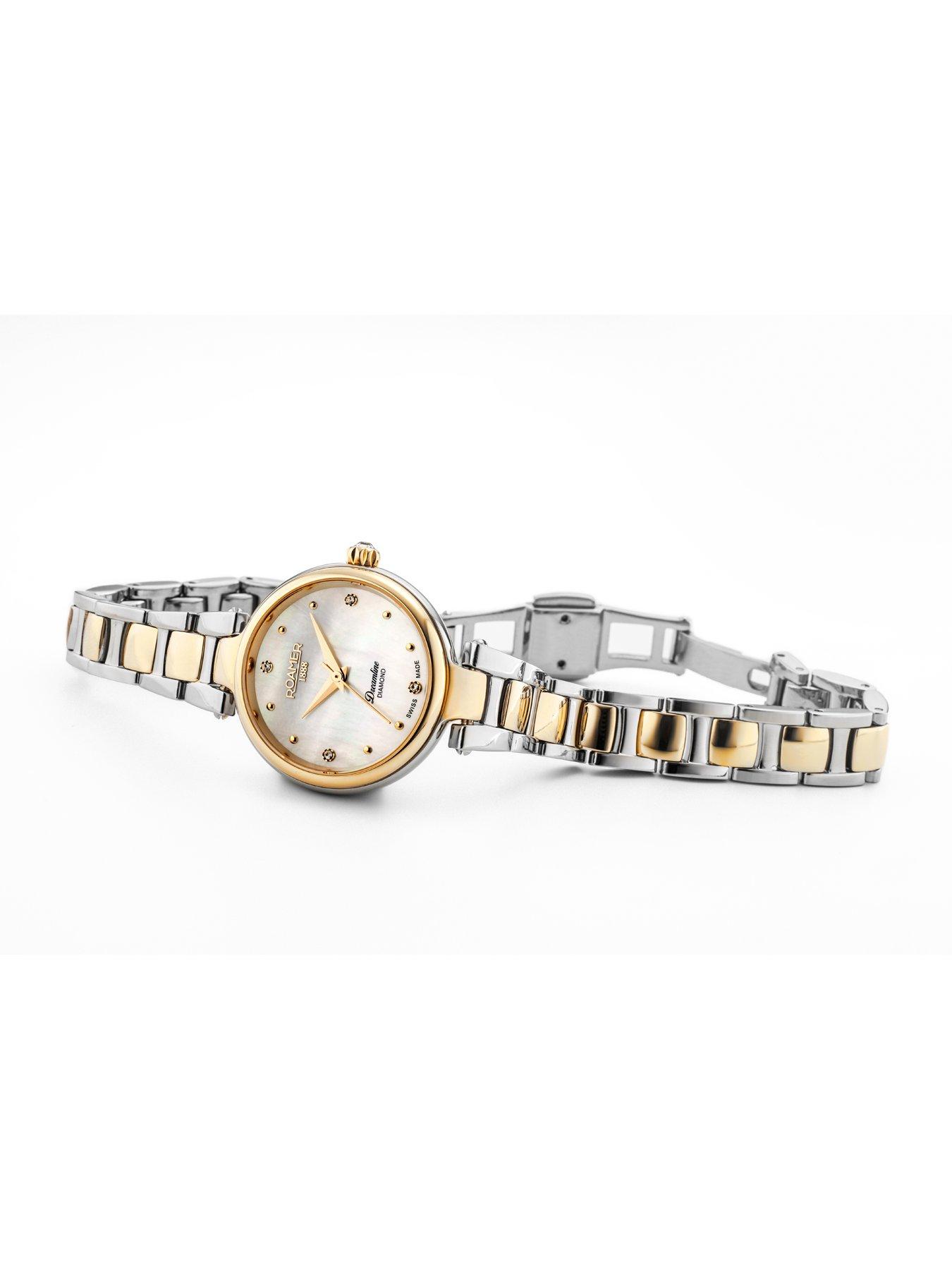  image of roamer-of-switzerland-dreamline-diamond-white-mop-dial-gold-ip-bicolour-stainless-steel-watch