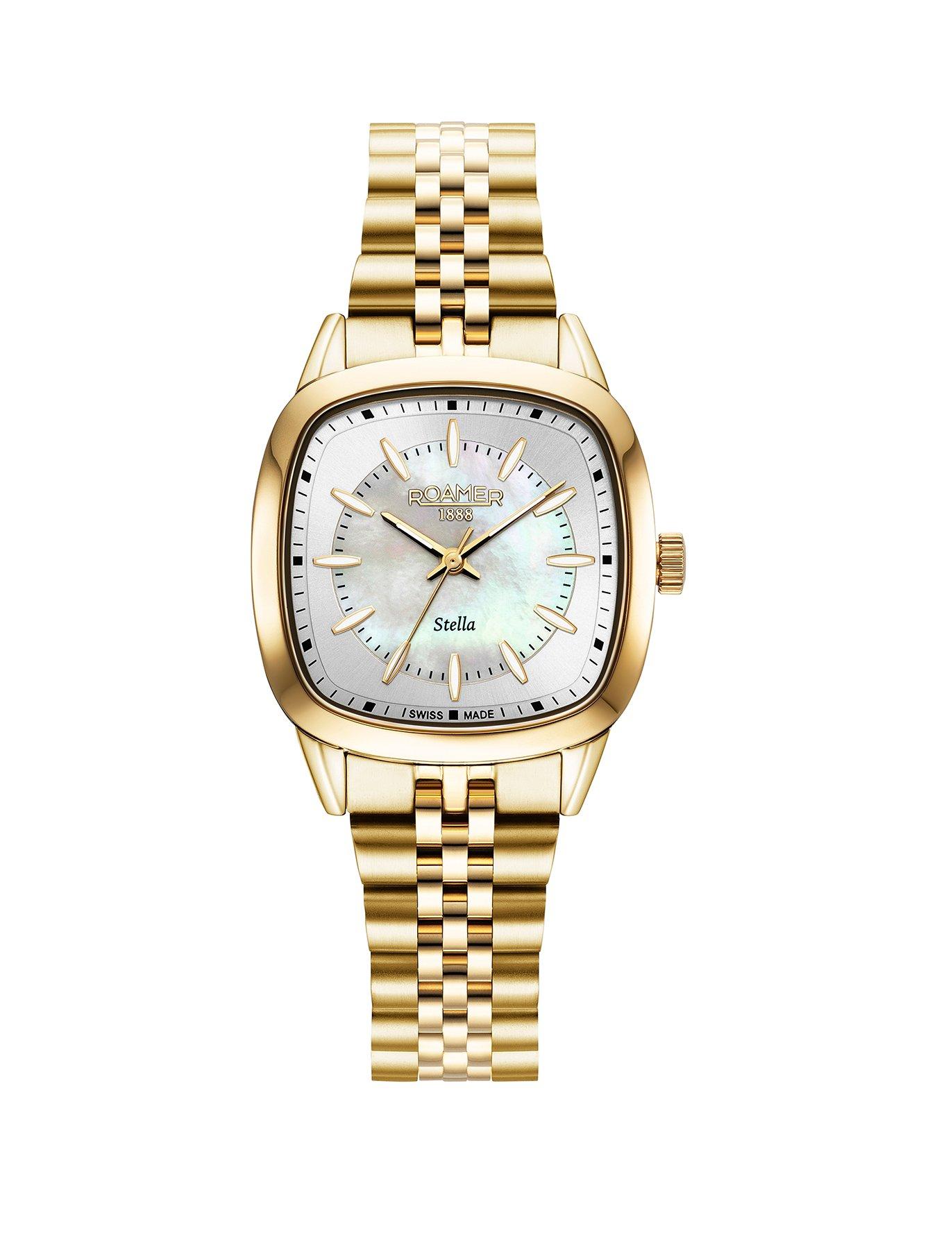  image of roamer-of-switzerland-stella-tv-case-shape-white-mop-dial-gold-ip-stainless-steel-watch