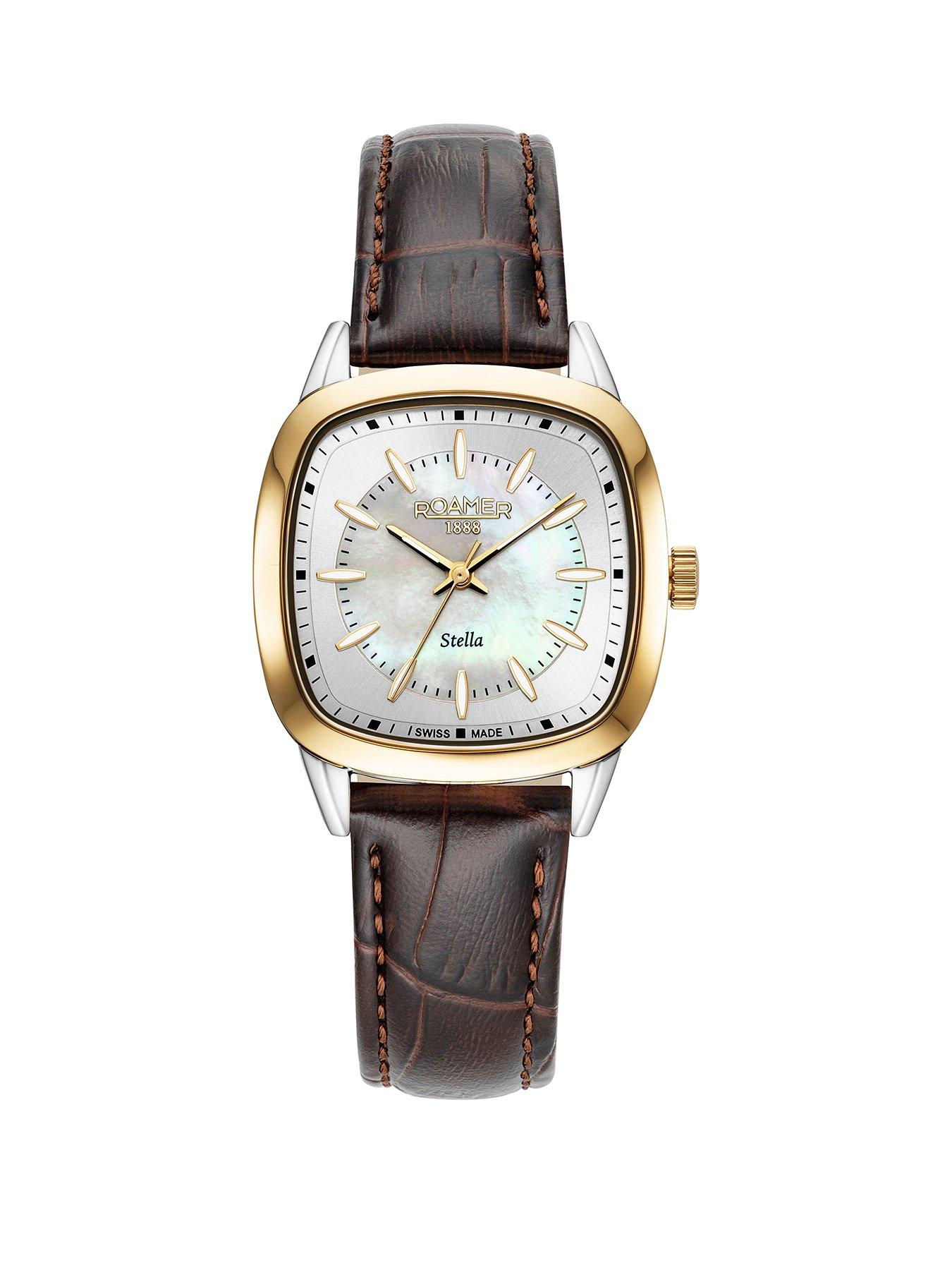 Roamer of Switzerland Stella TV Case Shape White MOP Dial Gold IP Bicolour Stainless Steel case Brown Leather Strap Watch