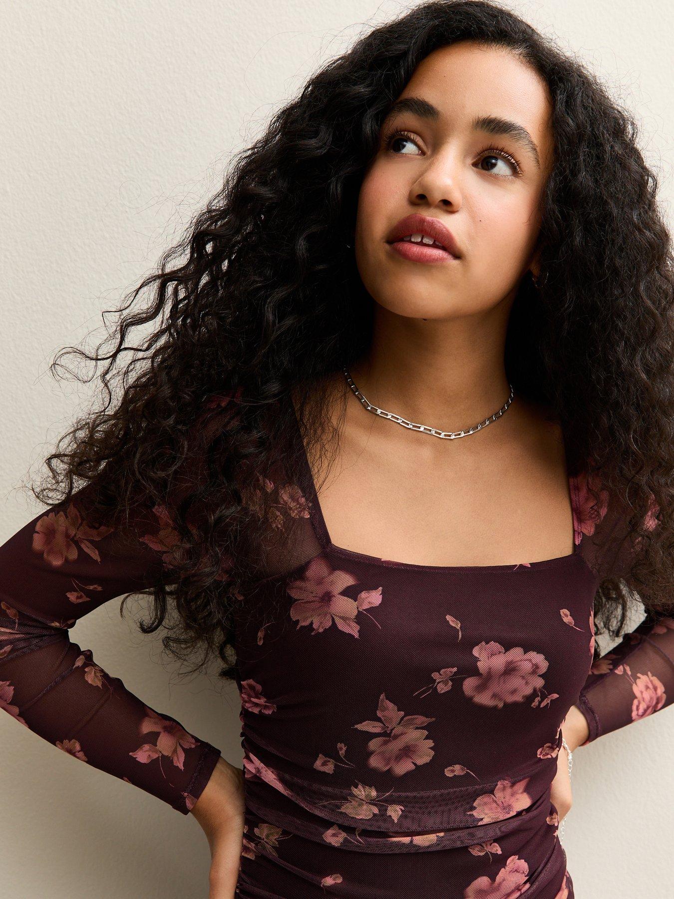  image of new-look-915-girls-mesh-floral-ruched-mini-dress-brown