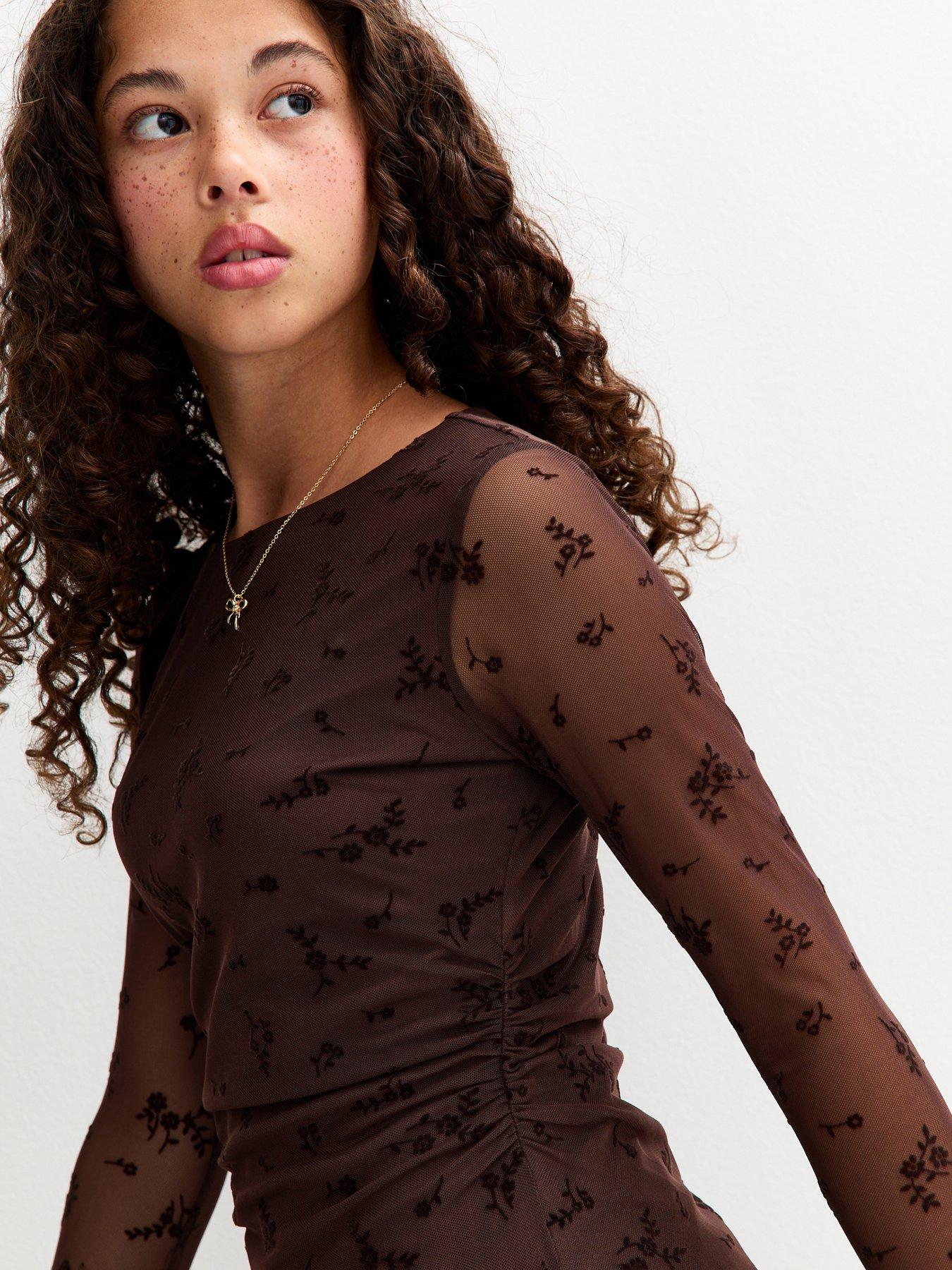  image of new-look-915-girls-mesh-flocked-floral-dress-brown