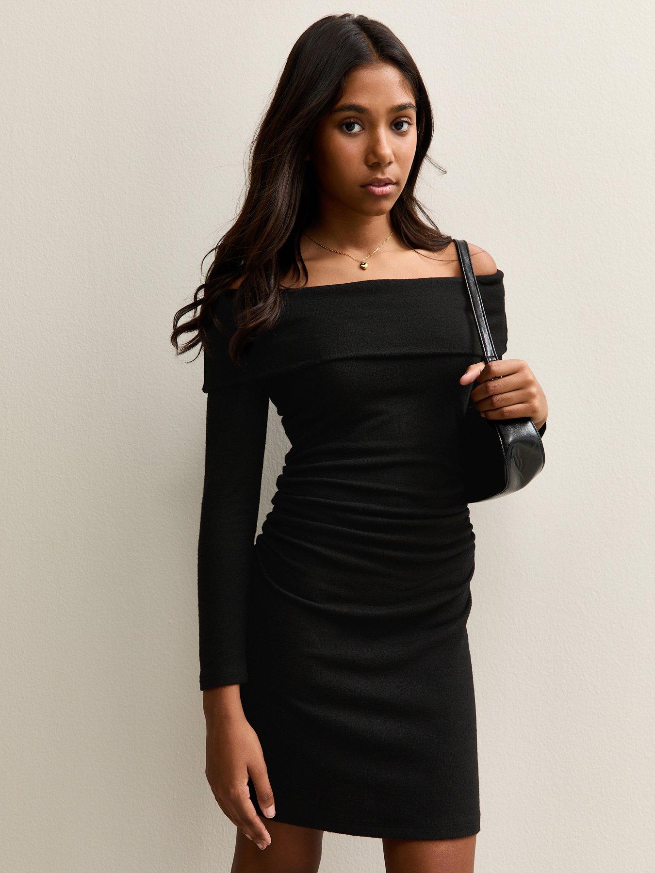  image of new-look-915-girls-jersey-off-the-shoulder-mini-dress-black
