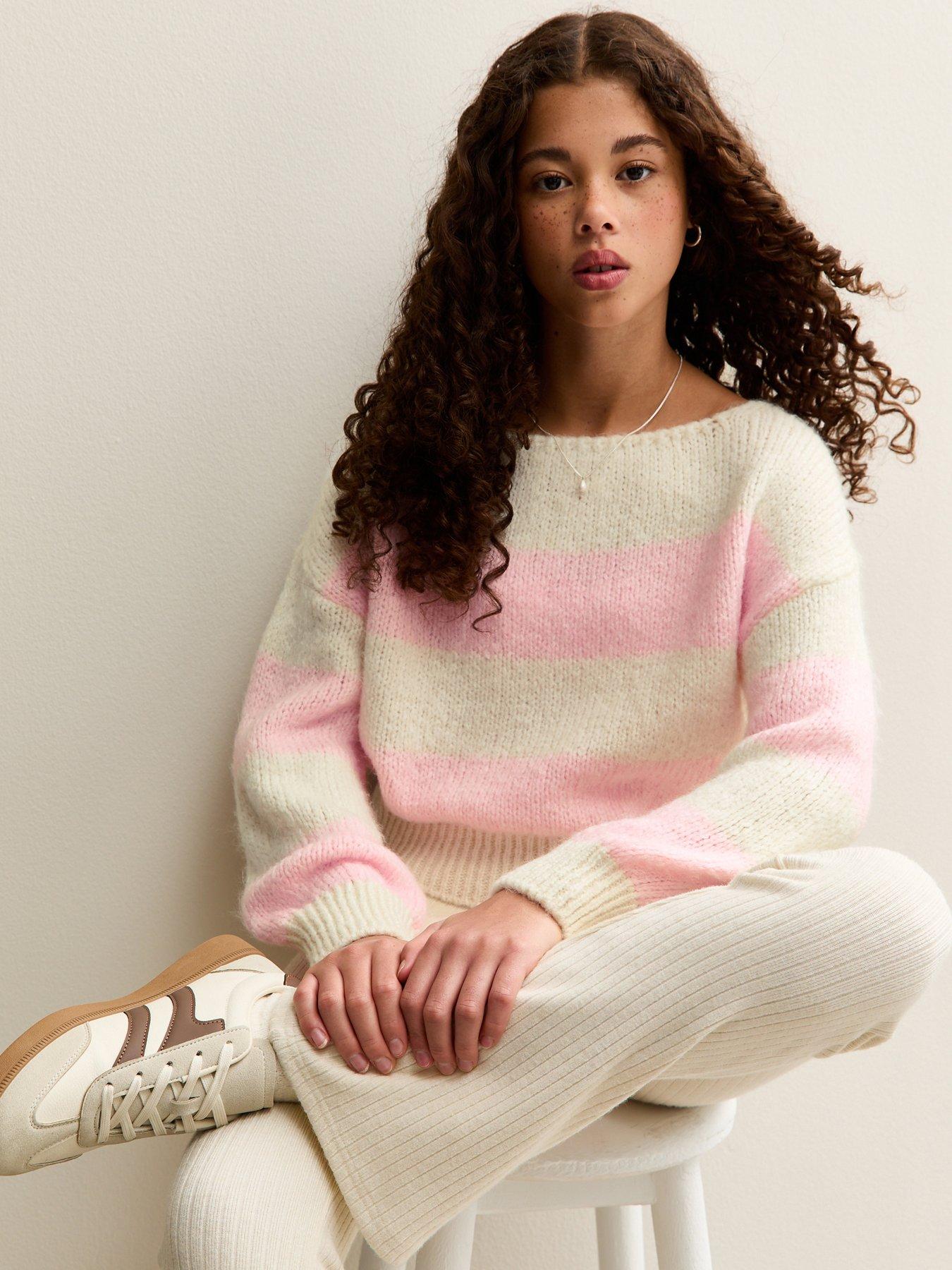  image of new-look-915-girls-striped-slash-neck-jumper-pink