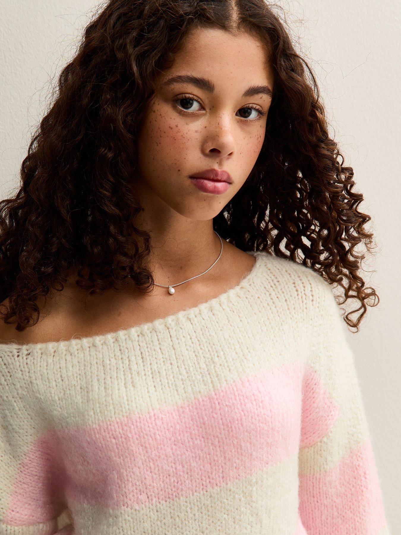  image of new-look-915-girls-striped-slash-neck-jumper-pink