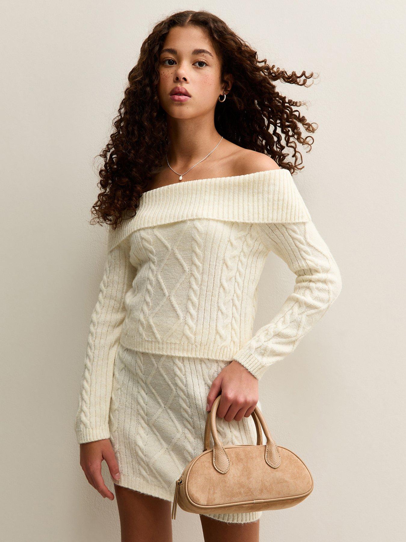New Look 915 Girls Cable Knit Off Shoulder Jumper - Cream