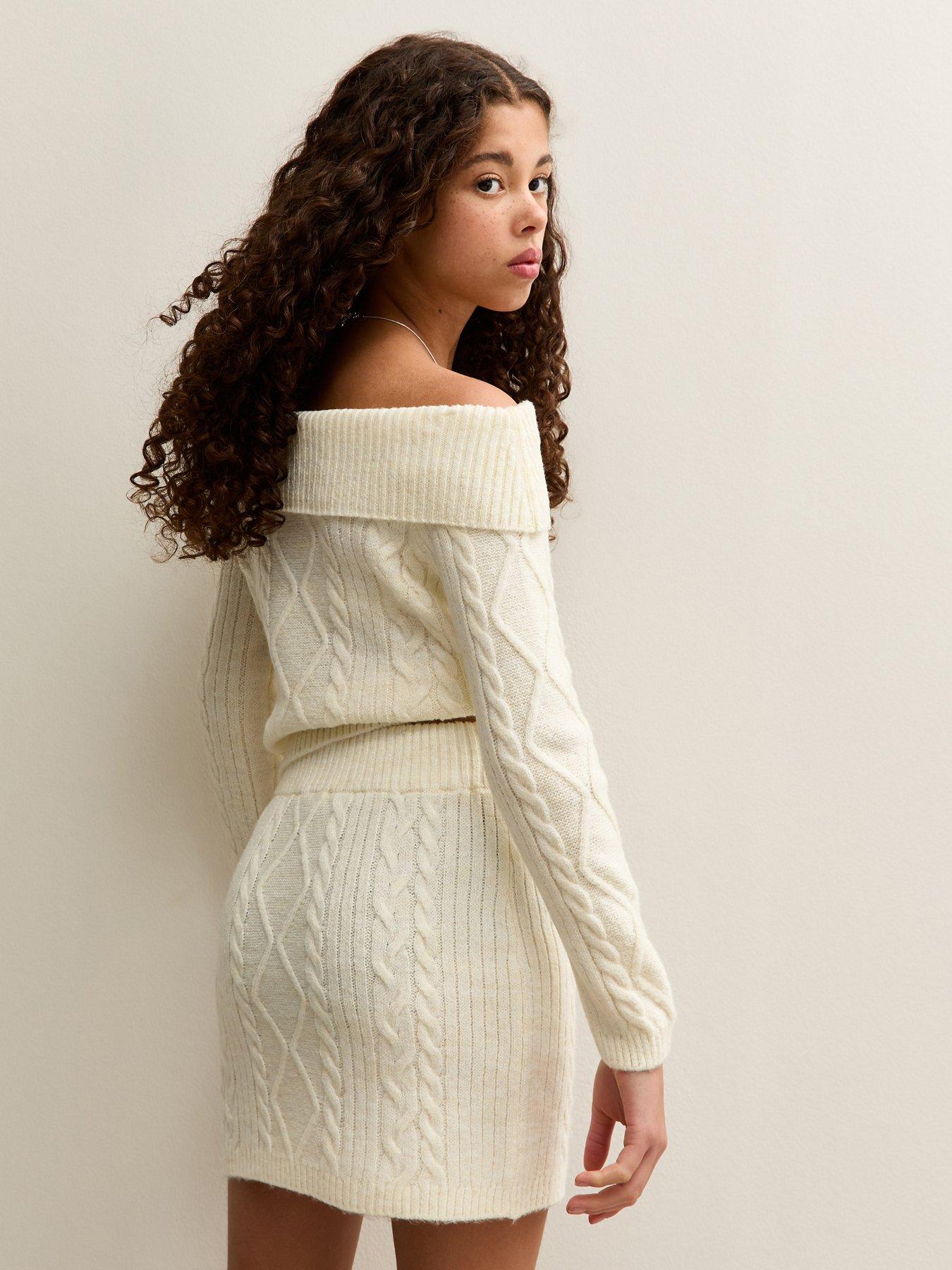 Image 2 of 5 of New Look 915 Girls Cable Knit Off Shoulder Jumper - Cream