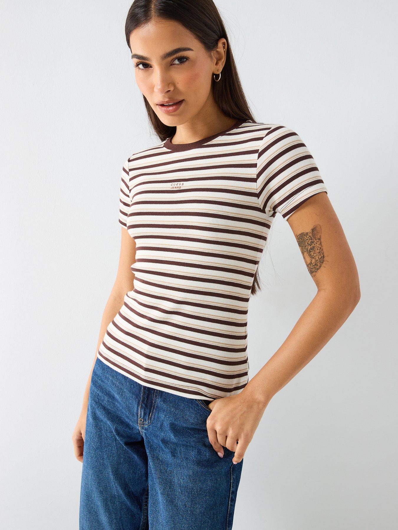 Guess Jeans Stripe Logo Slim T-Shirt - Brown