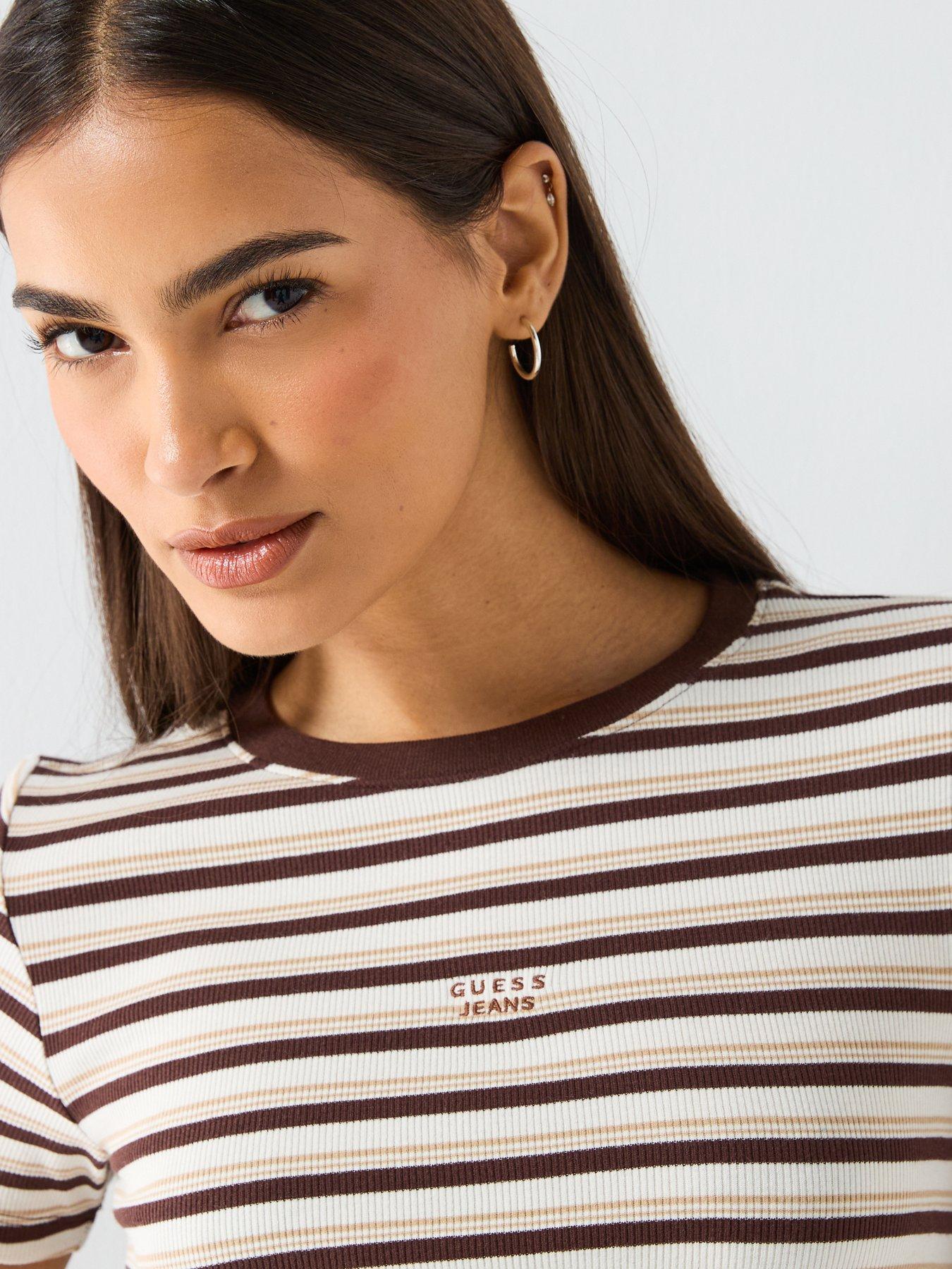  image of guess-jeans-stripe-logo-slim-t-shirt-brown