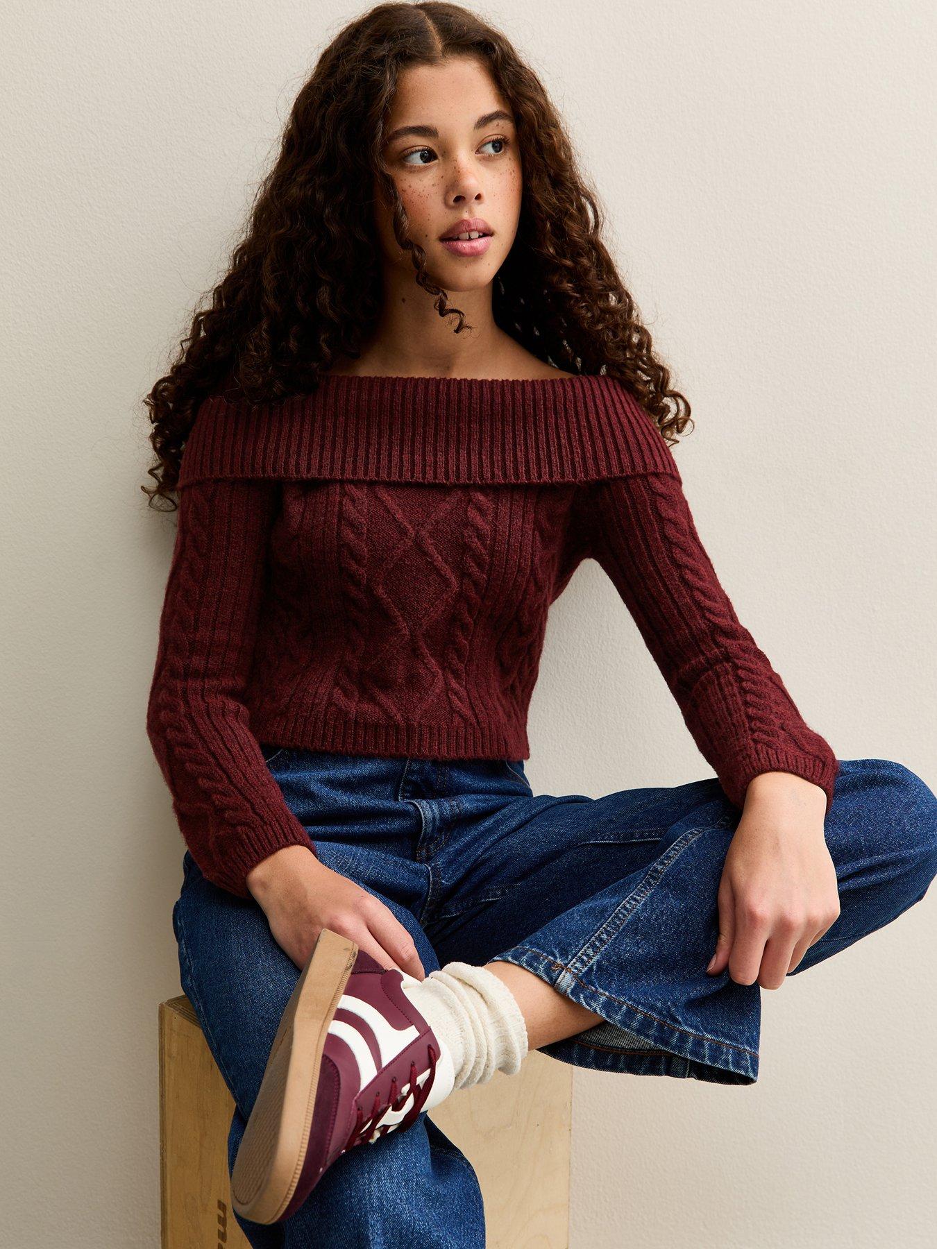 front image of new-look-915-girls-dark-burgundy-cable-knit-off-shoulder-jumper-dark-red