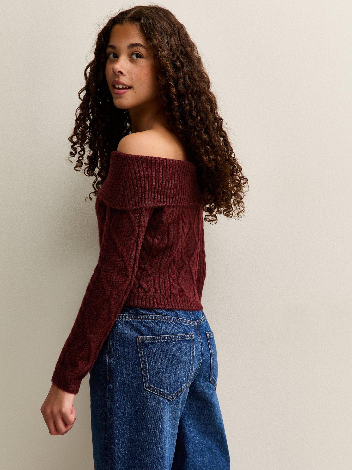 stillFront image of new-look-915-girls-dark-burgundy-cable-knit-off-shoulder-jumper-dark-red