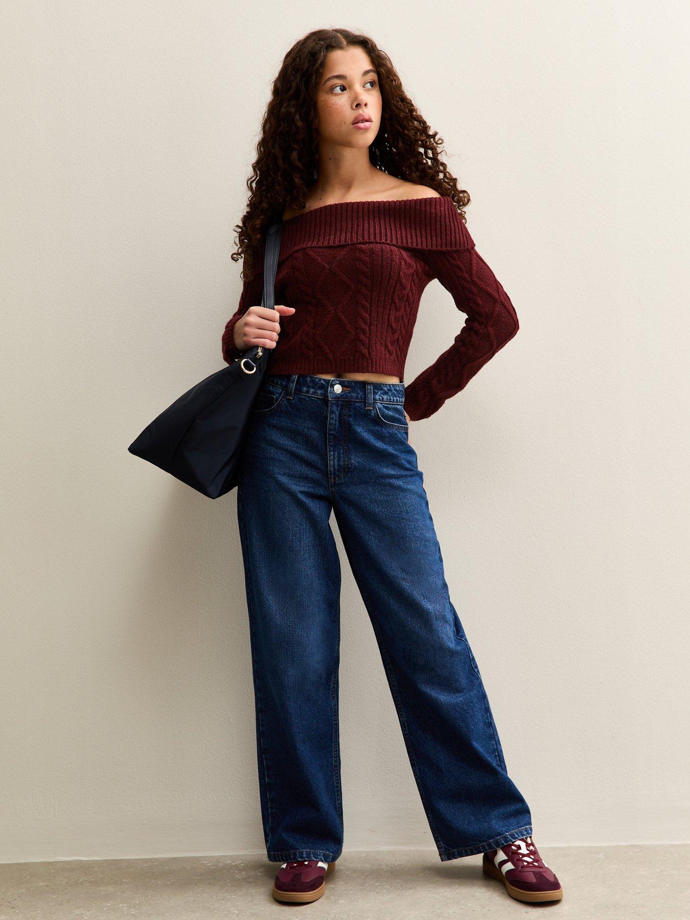  image of new-look-915-girls-dark-burgundy-cable-knit-off-shoulder-jumper-dark-red
