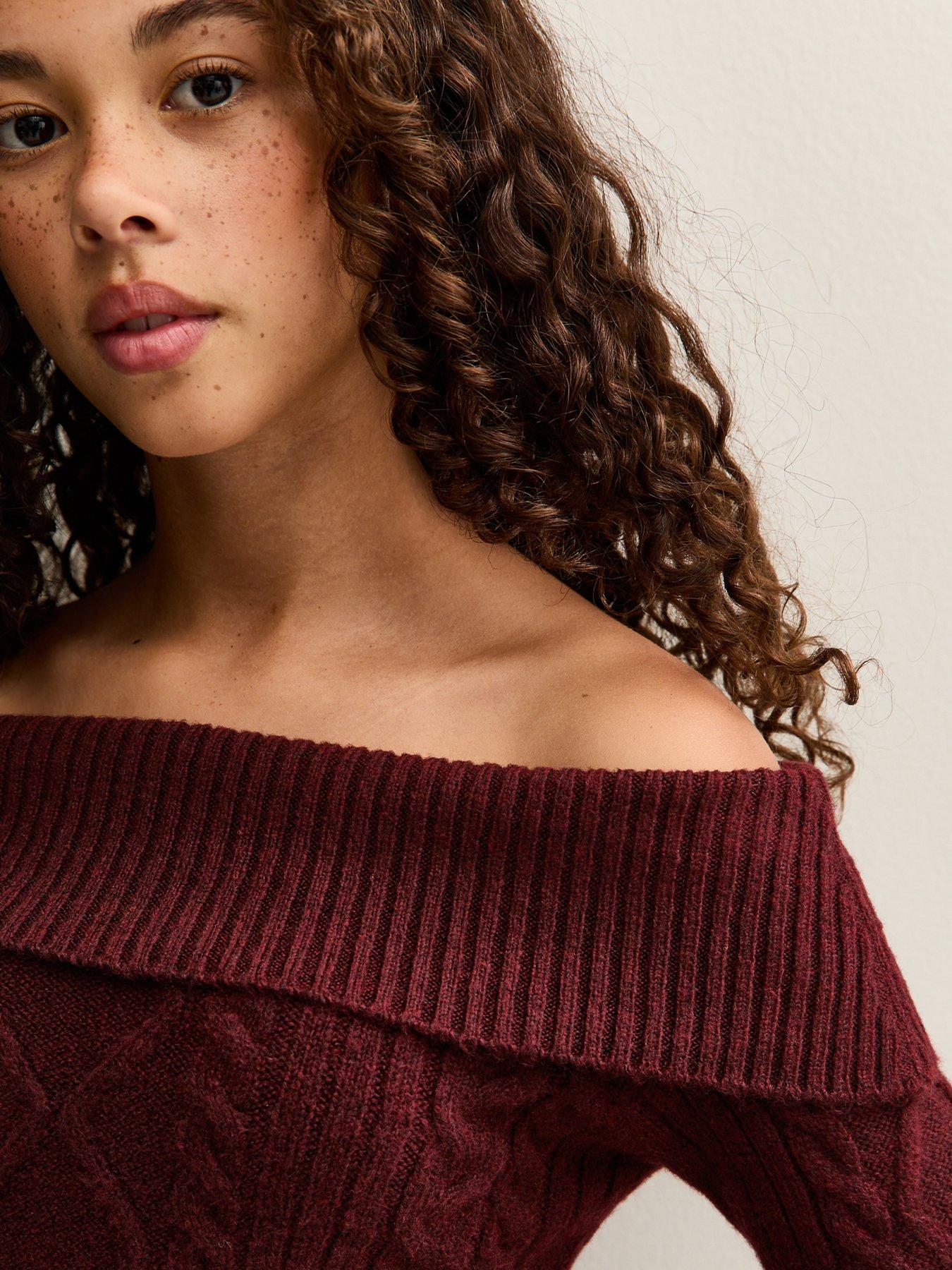  image of new-look-915-girls-dark-burgundy-cable-knit-off-shoulder-jumper-dark-red