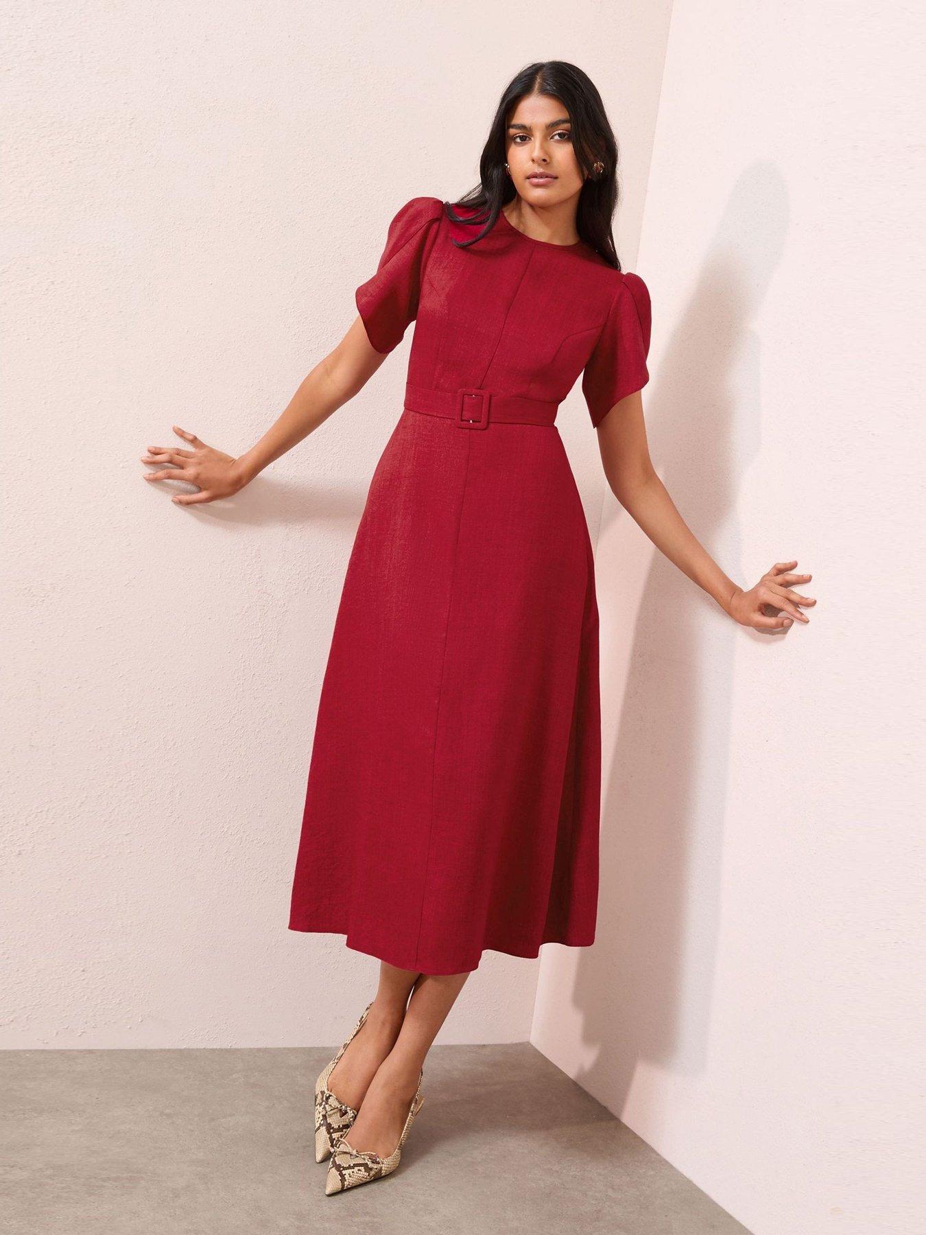  image of friends-like-these-petal-sleeve-belted-dress-red