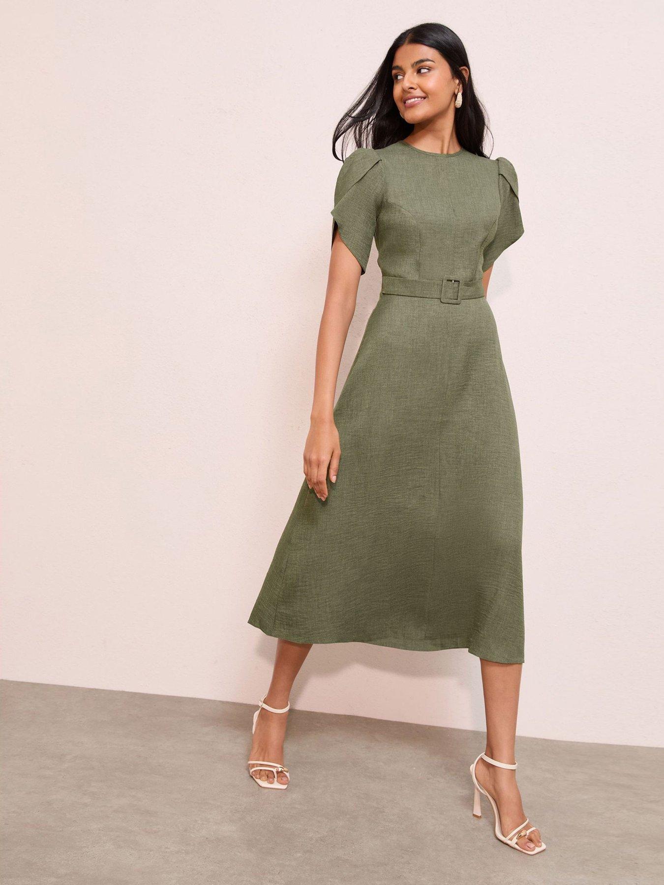  image of friends-like-these-petal-sleeve-belted-dress-khaki