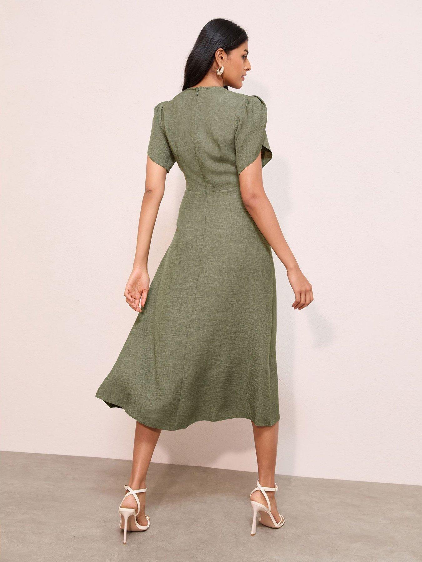 stillFront image of friends-like-these-petal-sleeve-belted-dress-khaki