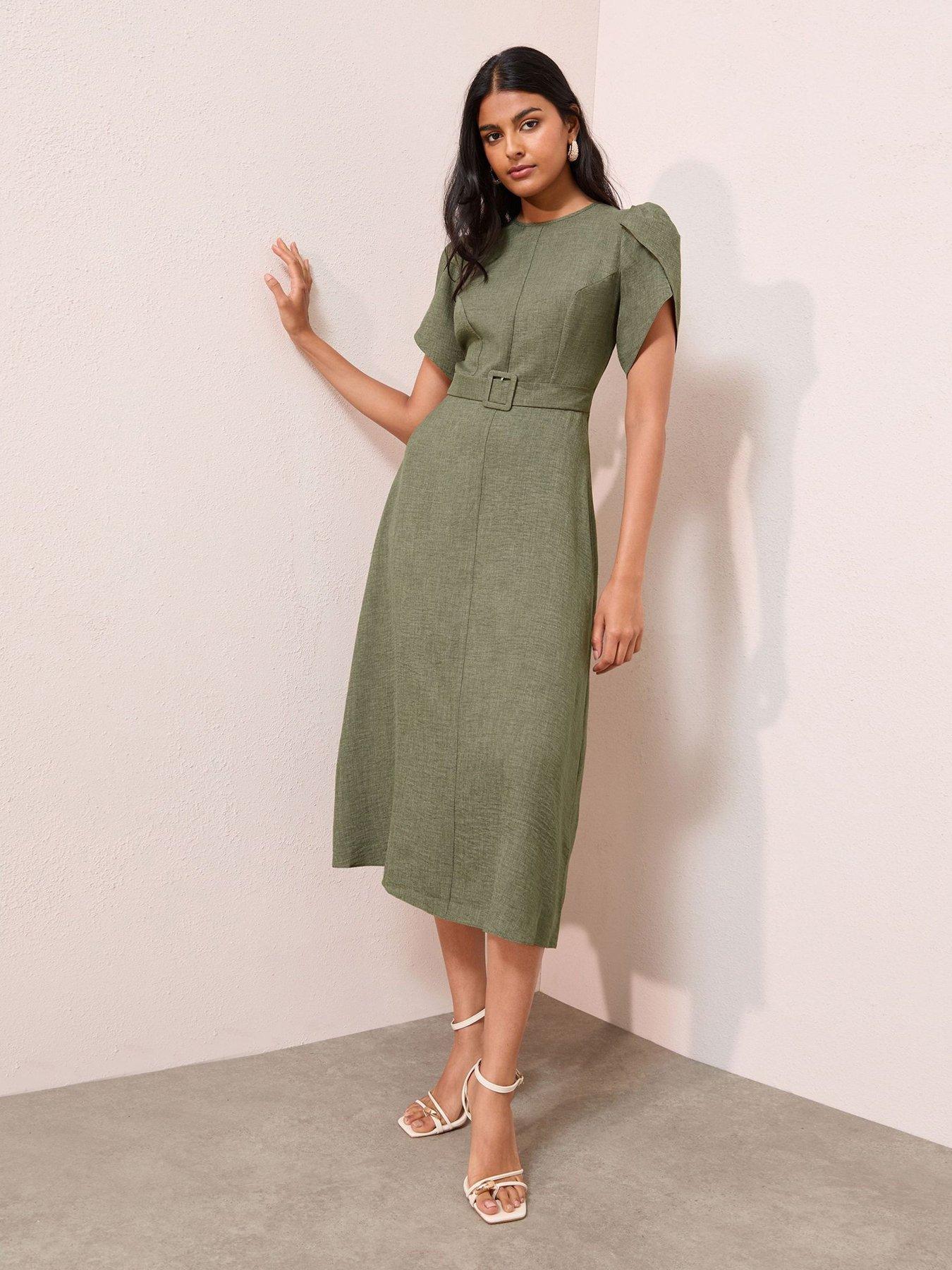  image of friends-like-these-petal-sleeve-belted-dress-khaki