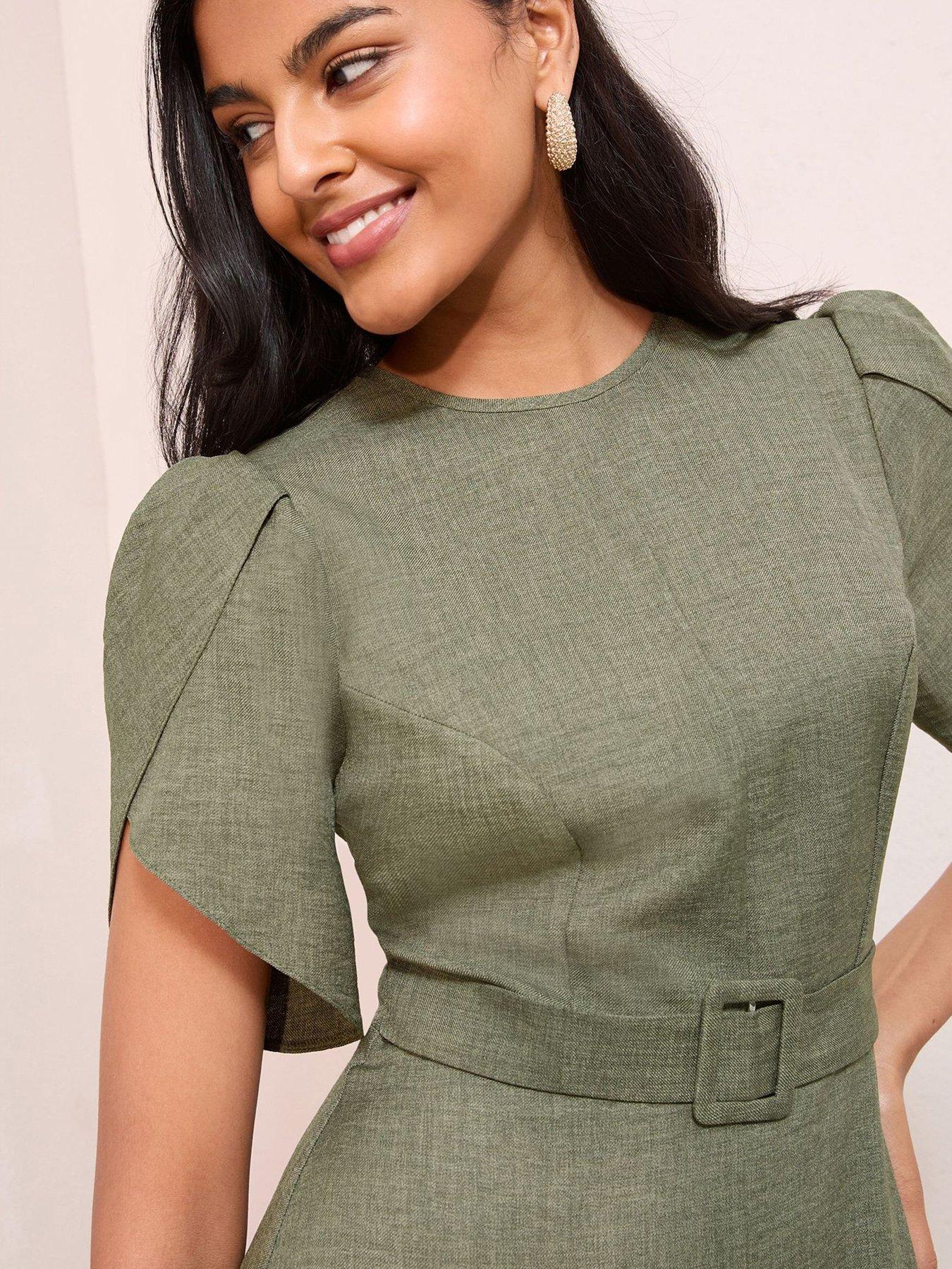  image of friends-like-these-petal-sleeve-belted-dress-khaki