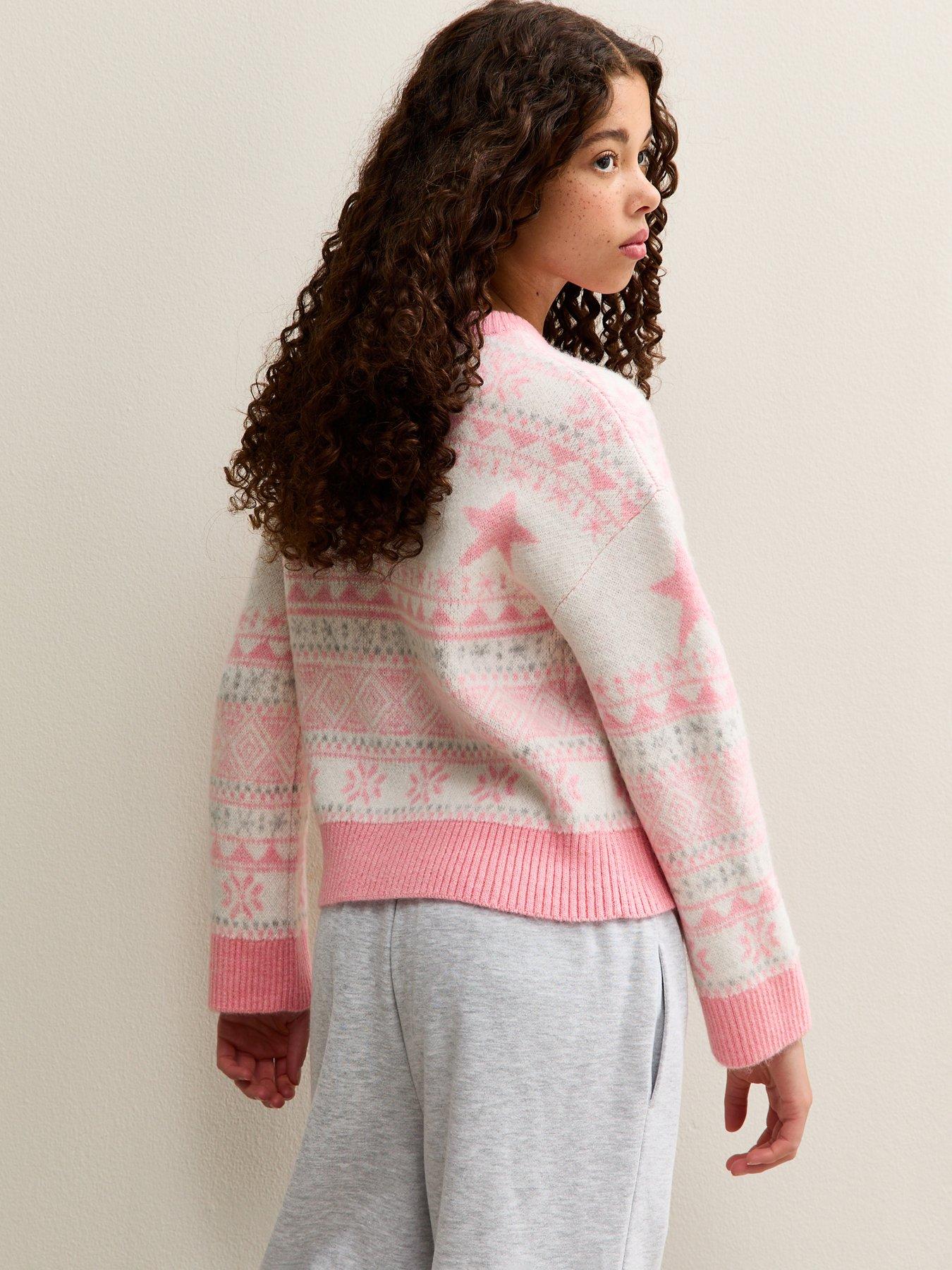 stillFront image of new-look-915-girls-star-pattern-fairisle-jumper-pink