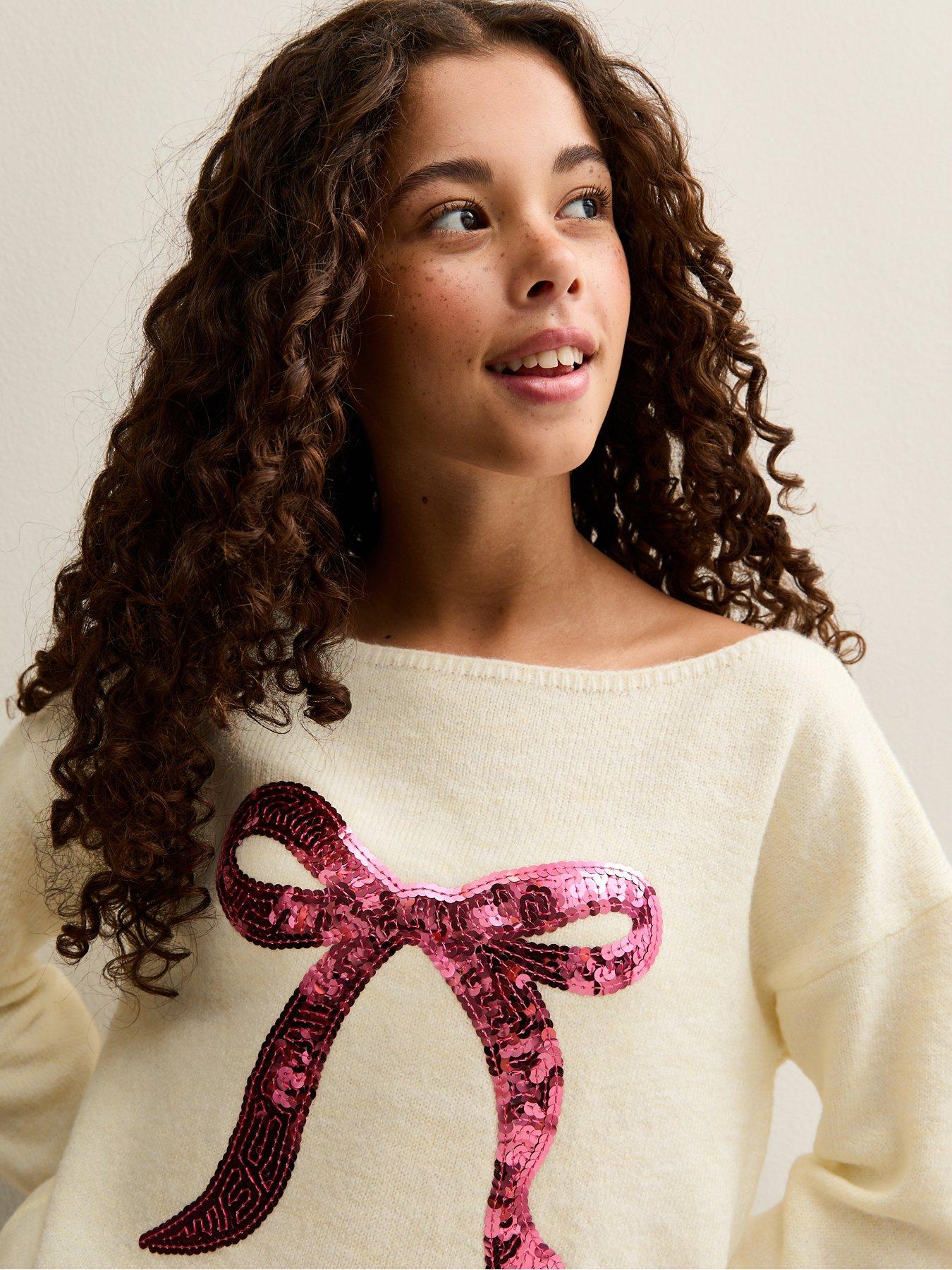 Image 4 of 5 of New Look 915 Girls Sequin Bow Jumper - Cream