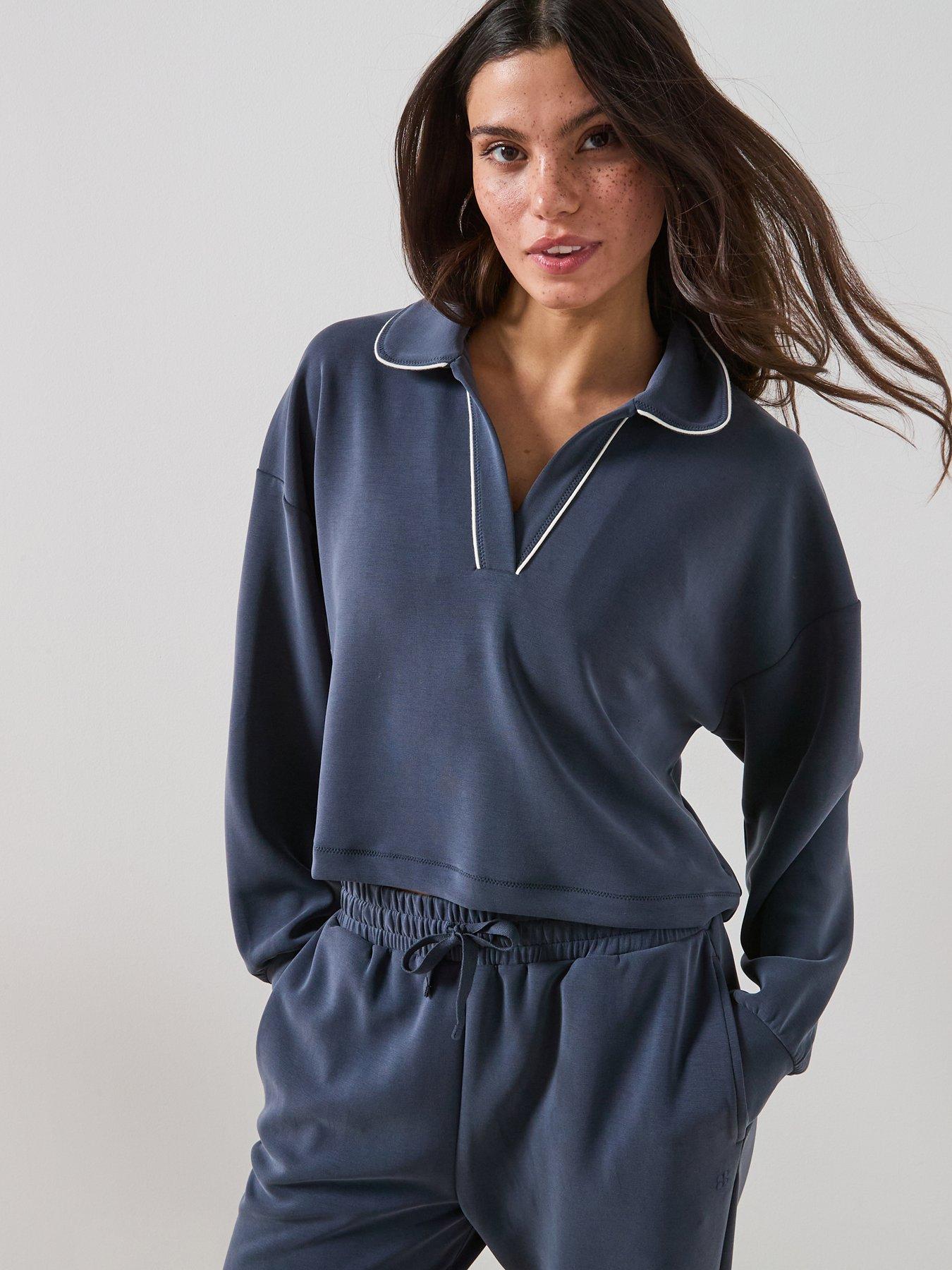 Sweaty Betty Womens Training Sand Wash Crop Henley Sweatshirt - Navy