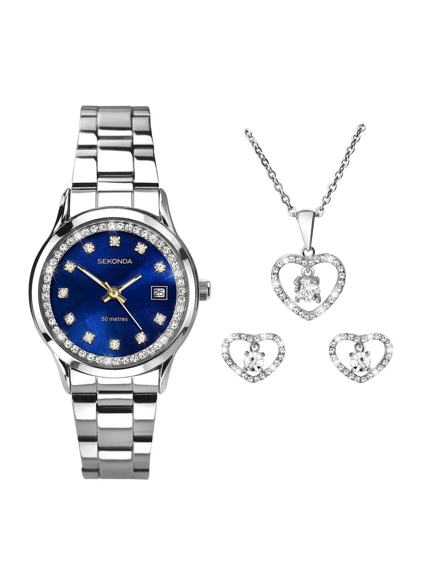 undefined Womens Catherine Silver Stainless Steel Bracelet with Blue Mother of Pearl Dial Analogue Watch Gift Set