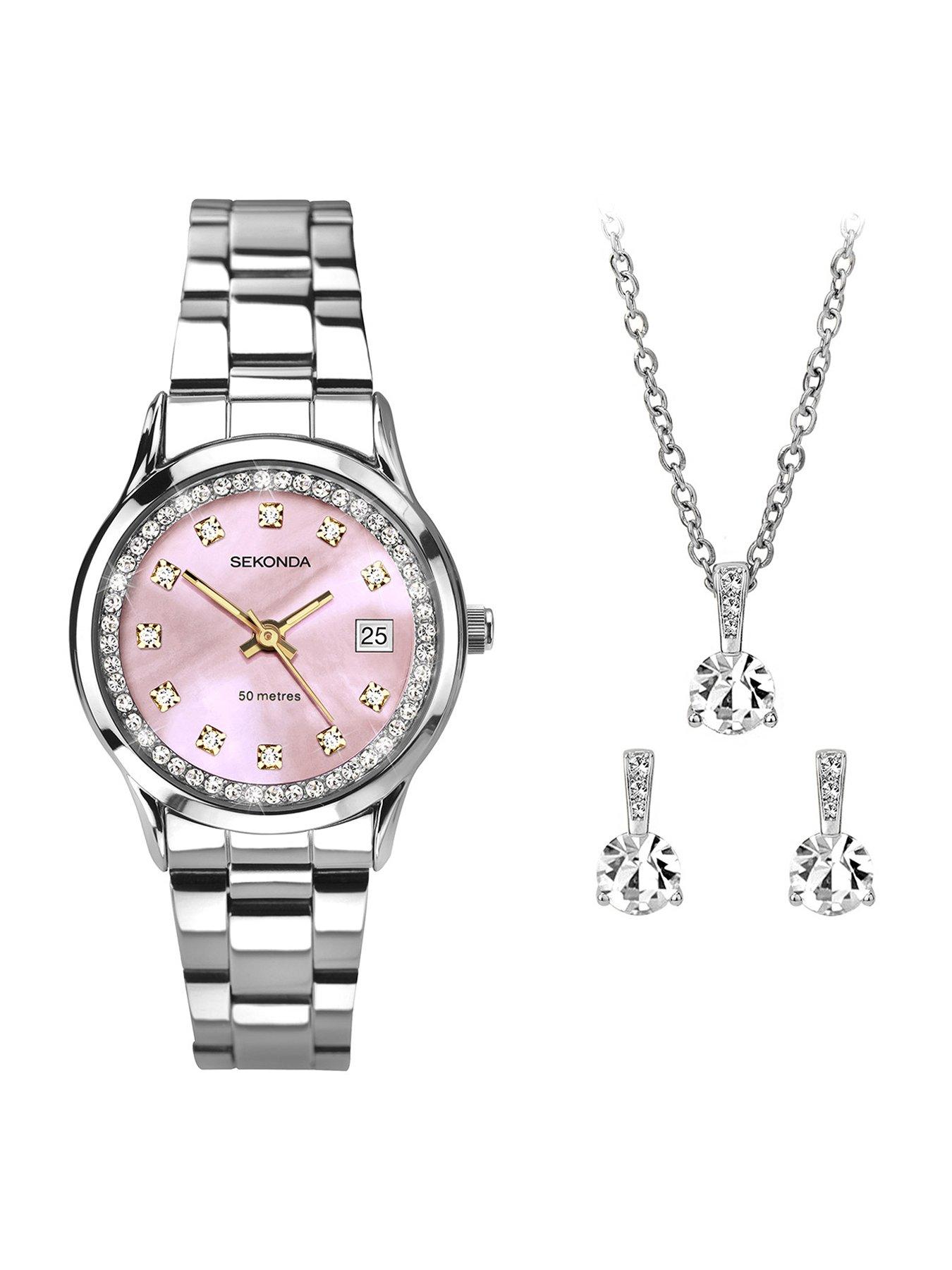 undefined Womens Catherine Silver Stainless Steel Bracelet with Pink Mother of Pearl Dial Analogue Watch Gift Set