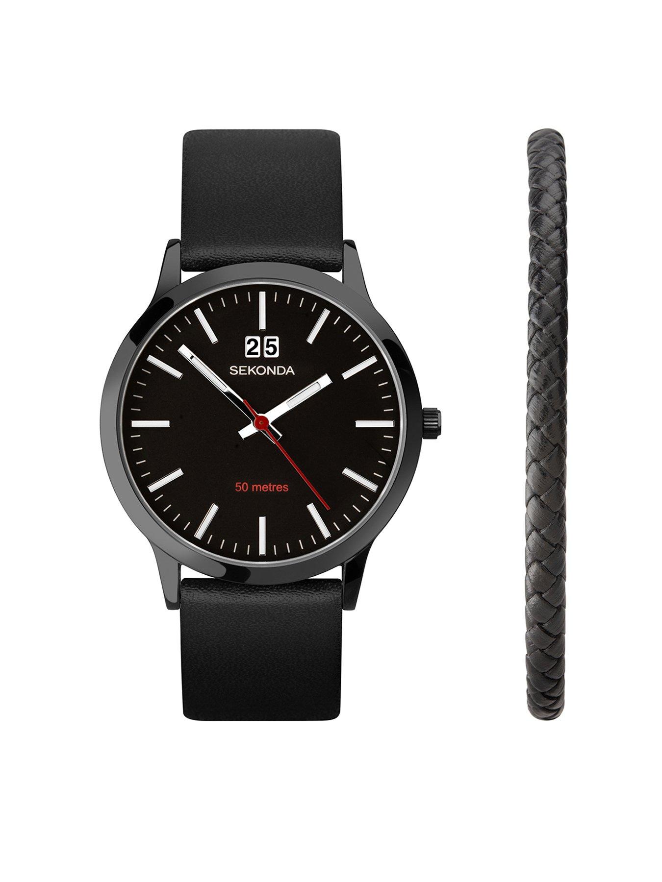 undefined Mens Nordic Black Leather Upper Strap with Black Dial Analogue Watch Gift Set