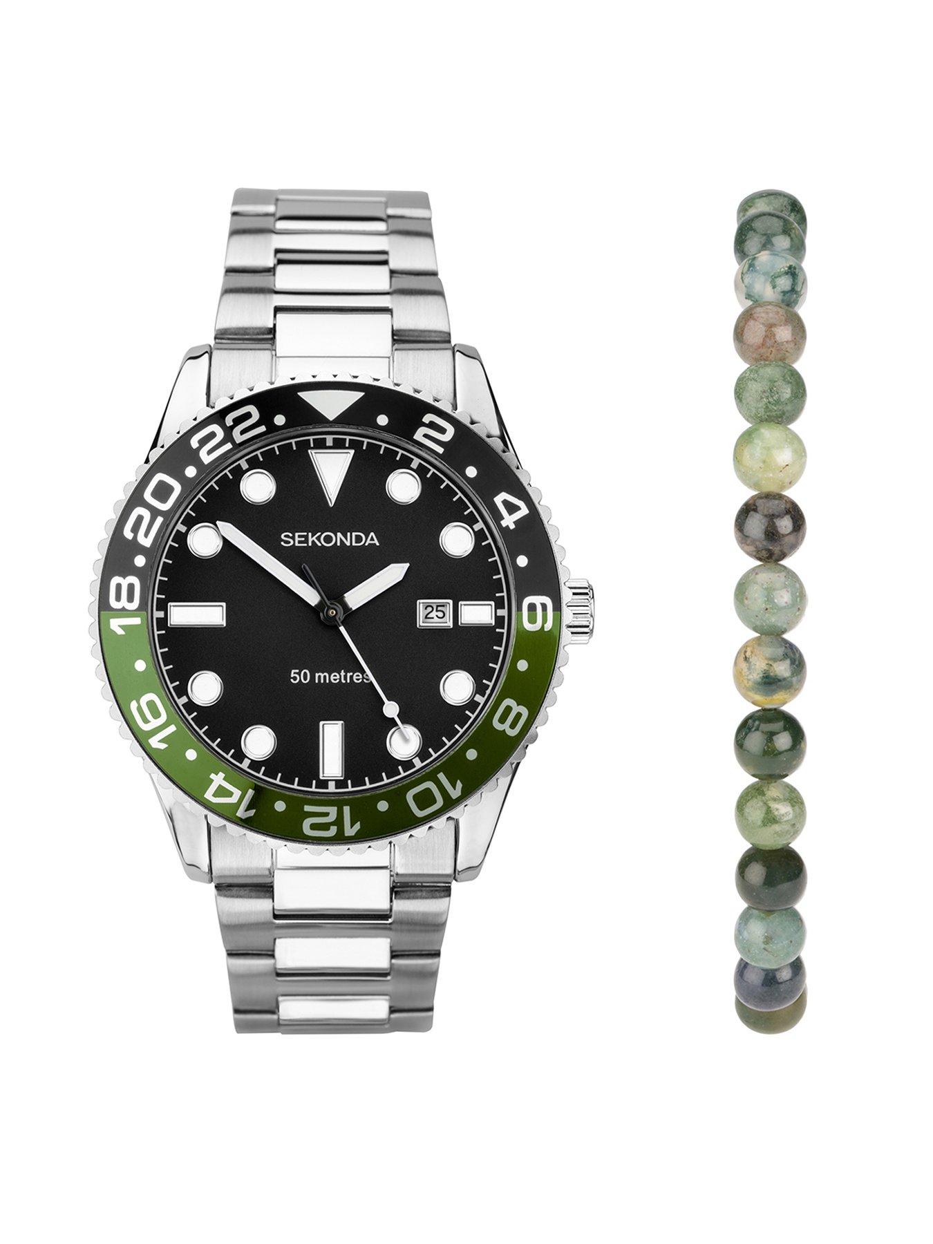 undefined Mens Ocean Silver Stainless Steel Bracelet with Black Dial Analogue Watch Gift Set