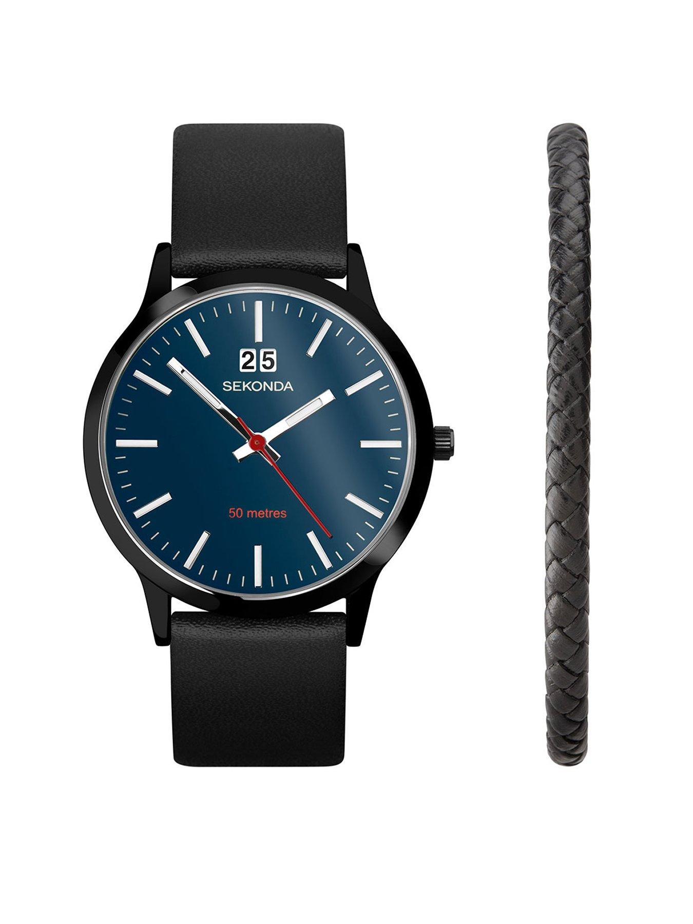  image of sekonda-mens-nordic-black-leather-strap-with-blue-dial-chronograph-watch-gift-set