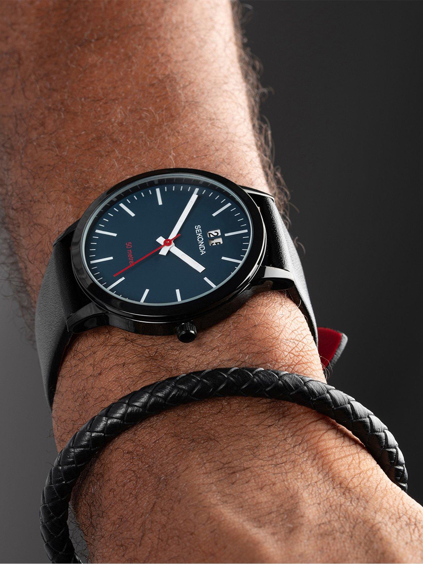  image of sekonda-mens-nordic-black-leather-strap-with-blue-dial-chronograph-watch-gift-set