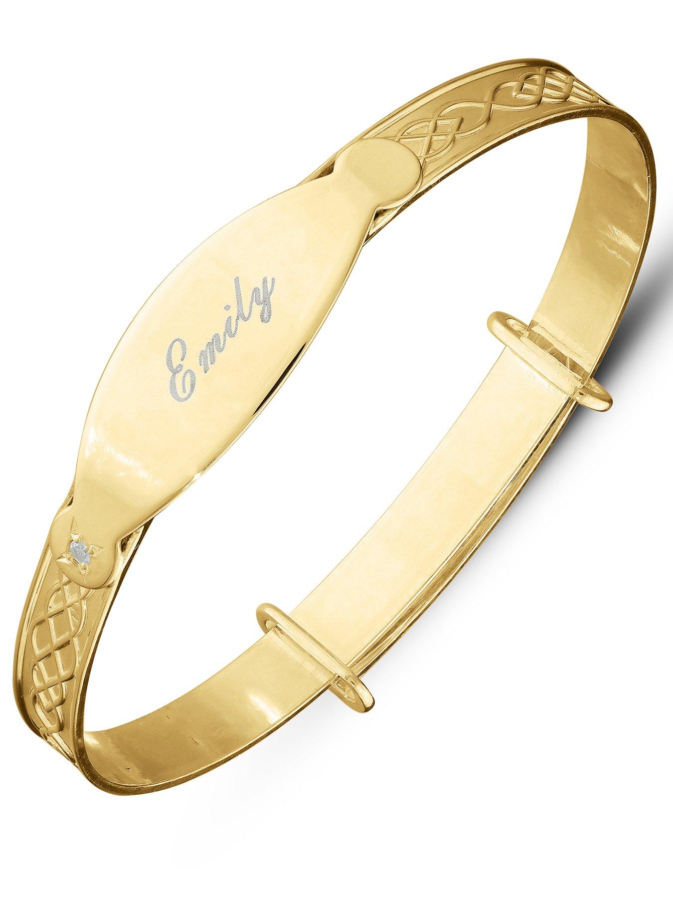  image of the-love-collection-yellow-gold-plated-silver-babies-celtic-diamond-set-personalised-id-expander-bangle
