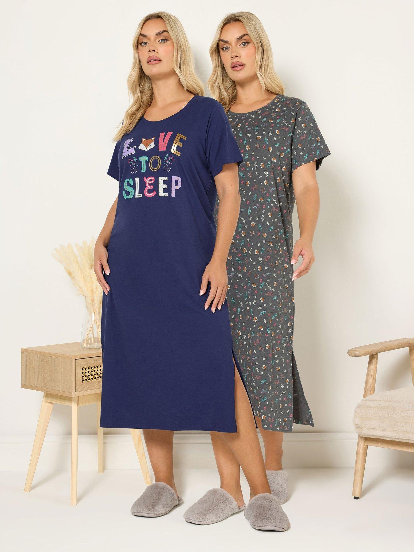 Image 1 of 4 of Yours Curve 2 Pack Love Sleep Midaxi Nightdress - Blue