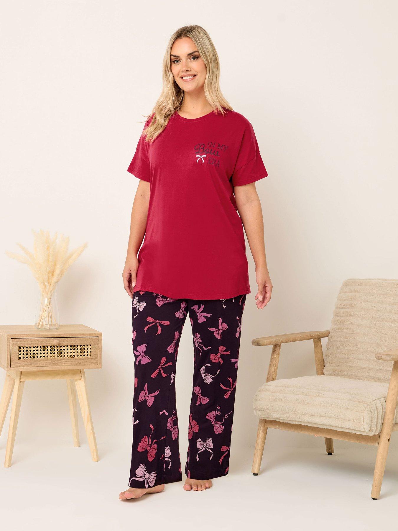 Yours Curve Bow Short Sleeve Wide Leg Pj Set - Red